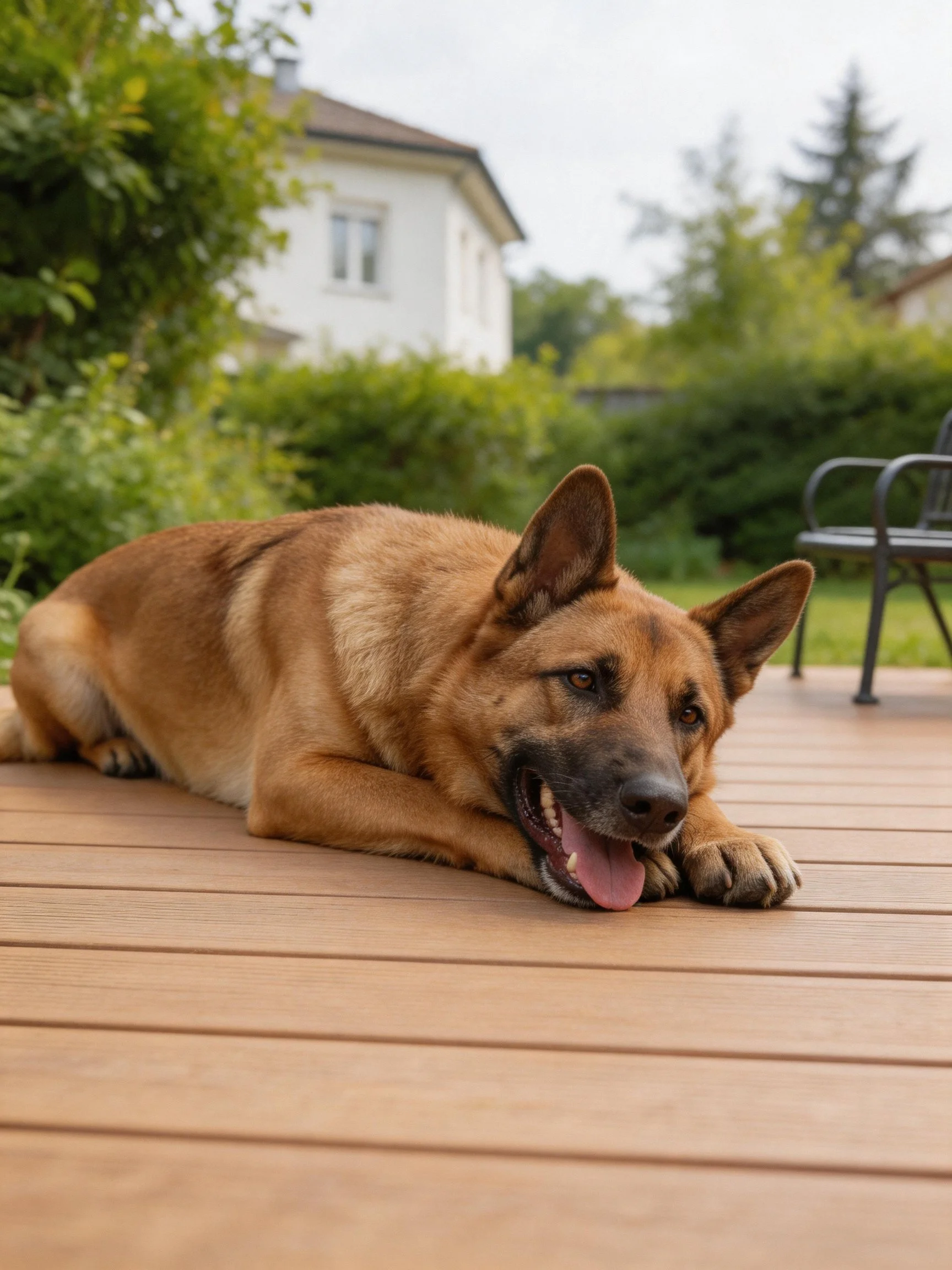 A tan German Shepherd rests on a wooden patio near greenery