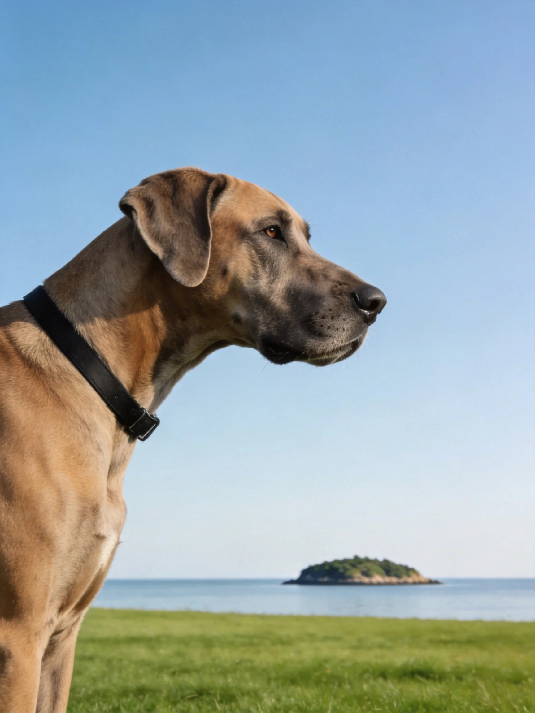 A tan Great Dane gazes toward a calm sea with a small island
