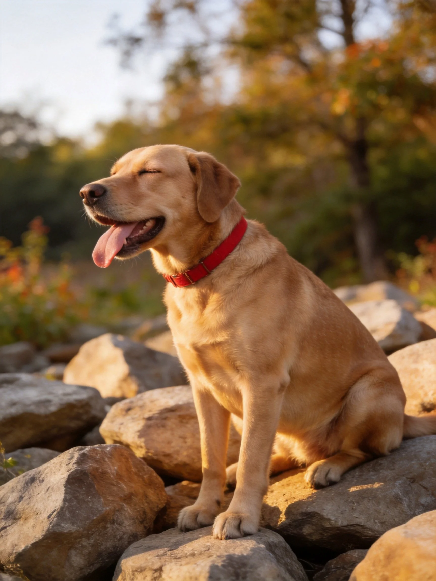 A tan Labrador Retriever relaxes on rocks in a natural outdoor setting.