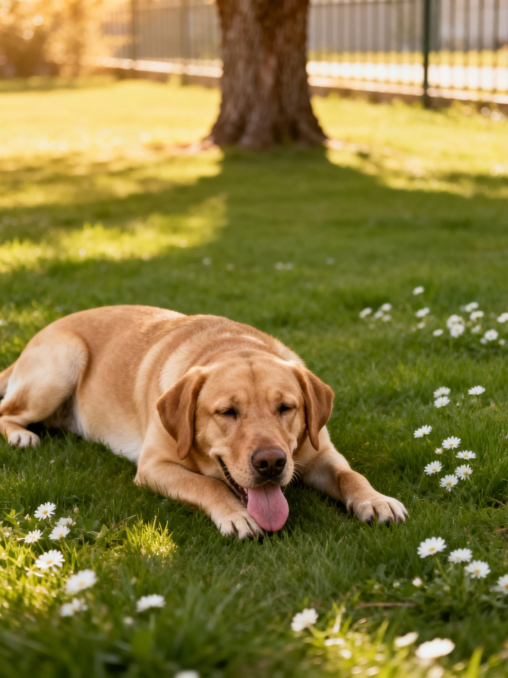Tan Labrador relaxes on green grass amid white flowers