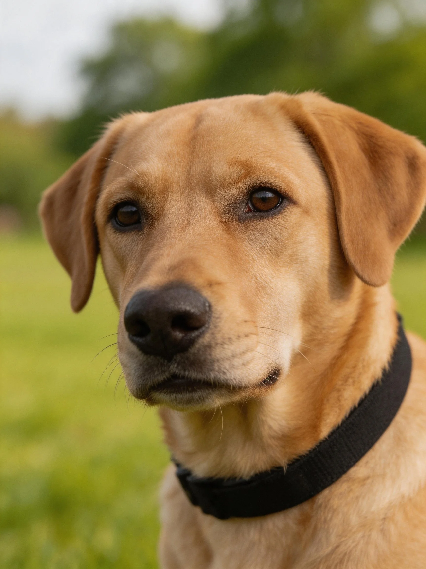 A tan Labrador retriever with a black collar is in a green outdoor setting.