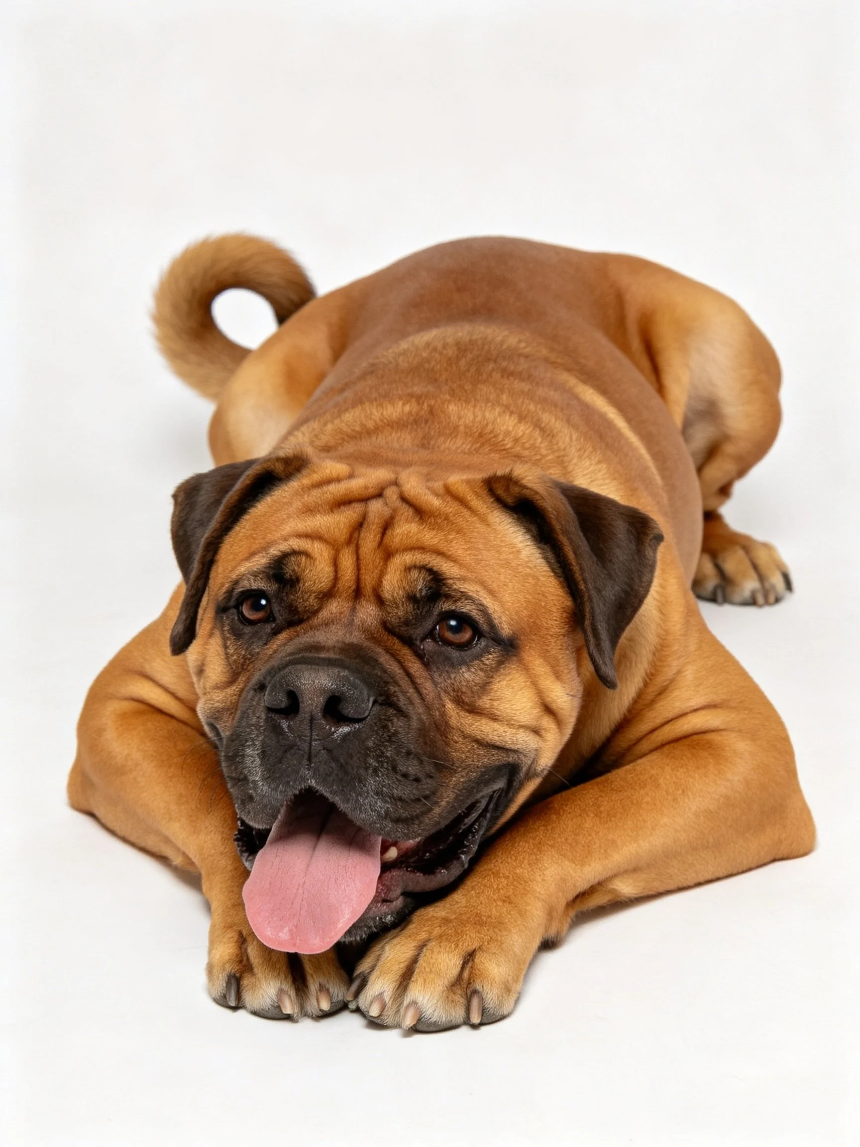 A tan Mastiff dog lying on a white surface
