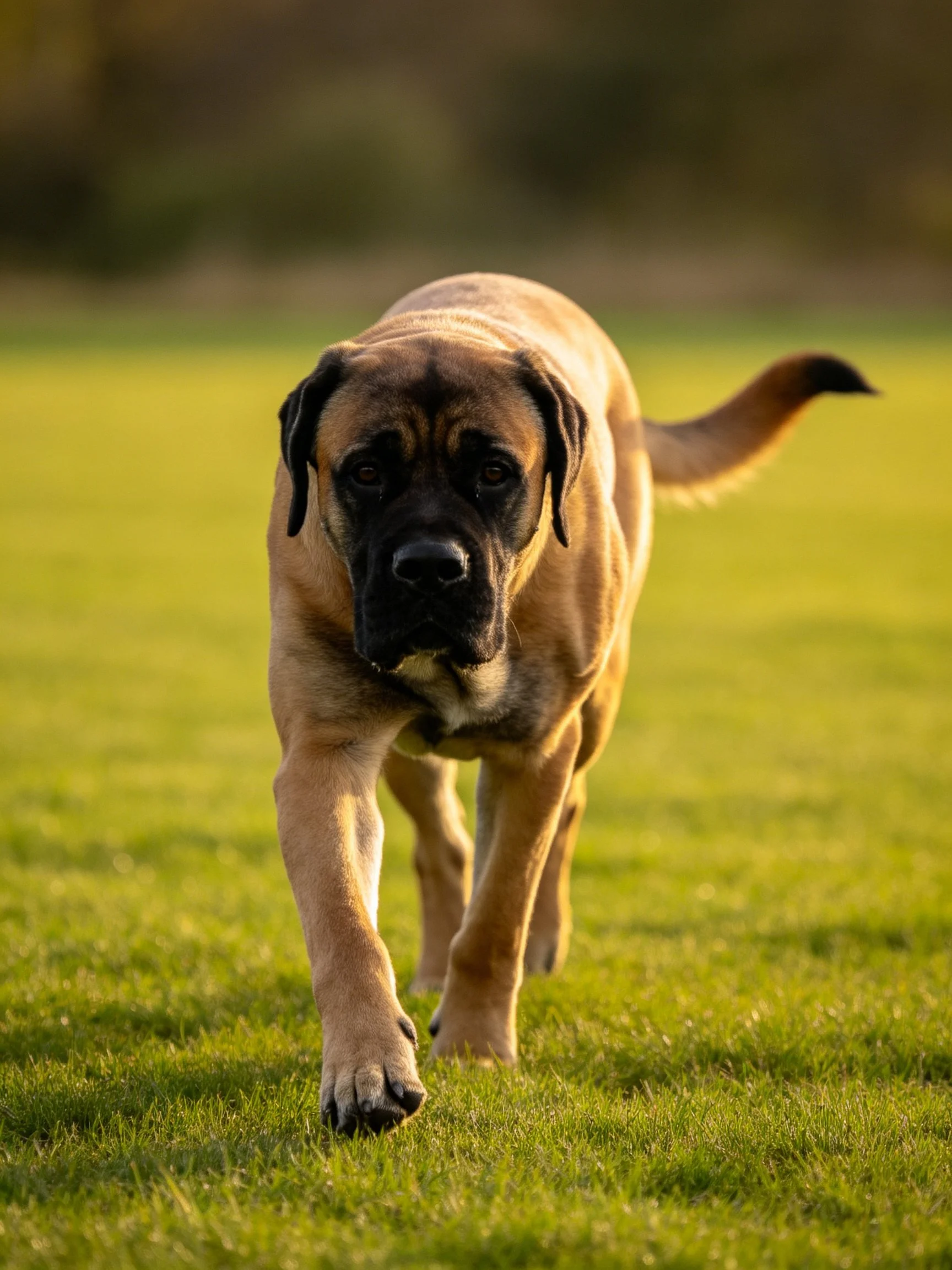 A tan Mastiff walks forward on lush green grass