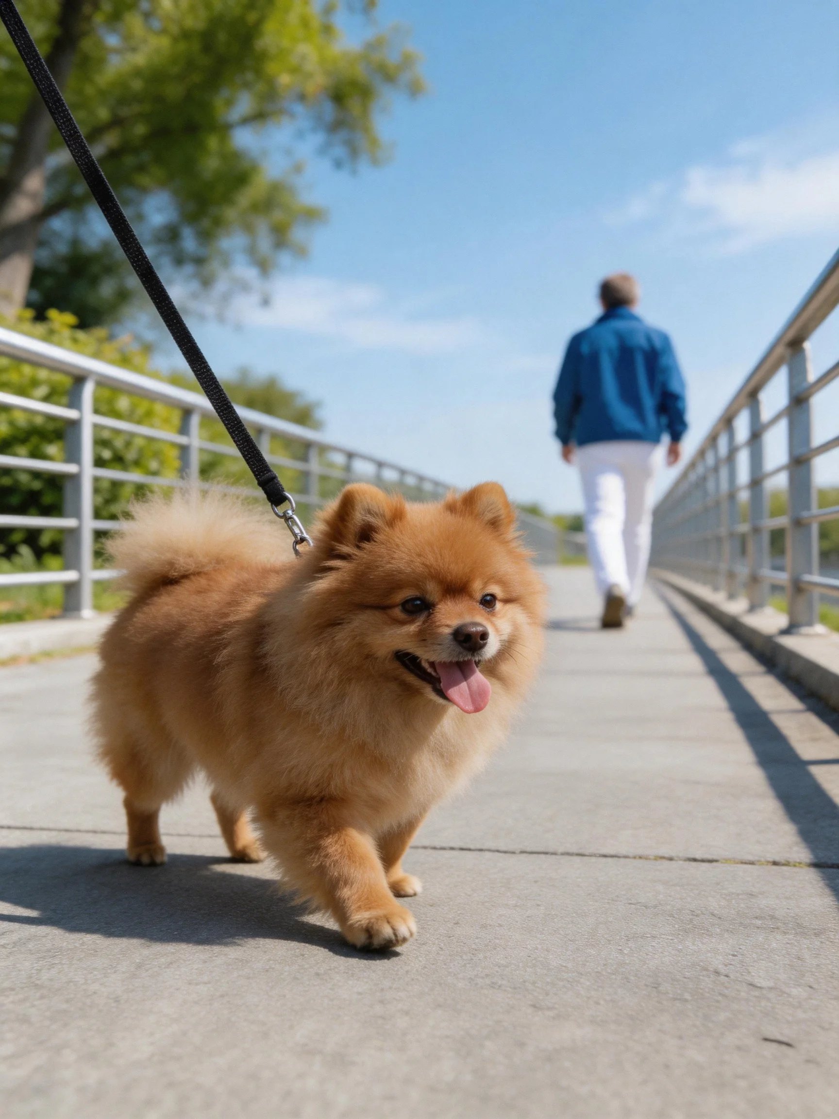 A tan Pomeranian walks on a bridge with a person in the distance