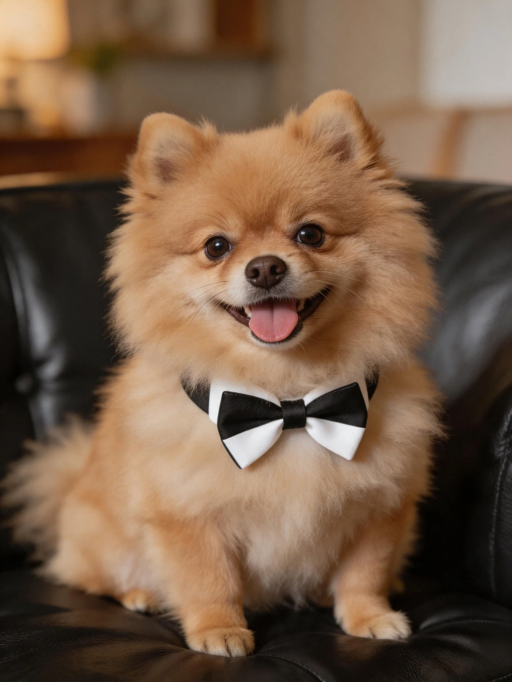 A tan Pomeranian with a black-and-white bow tie sits on a black leather chair