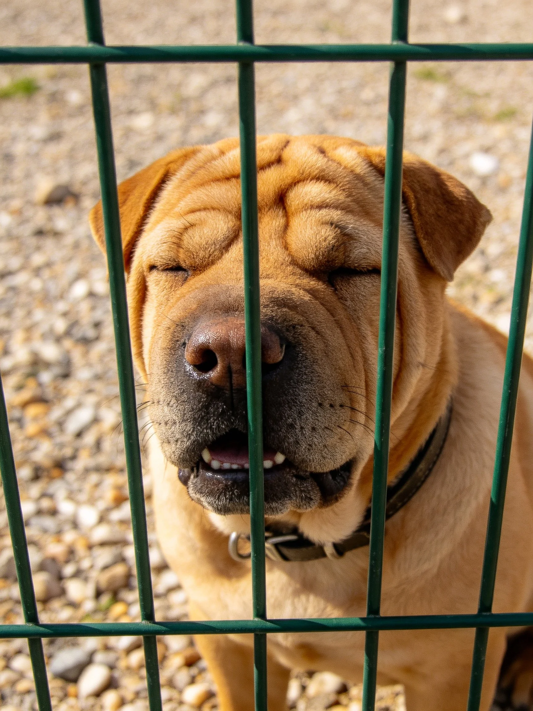 A tan Shar Pei dog behind green metal bars on gravel