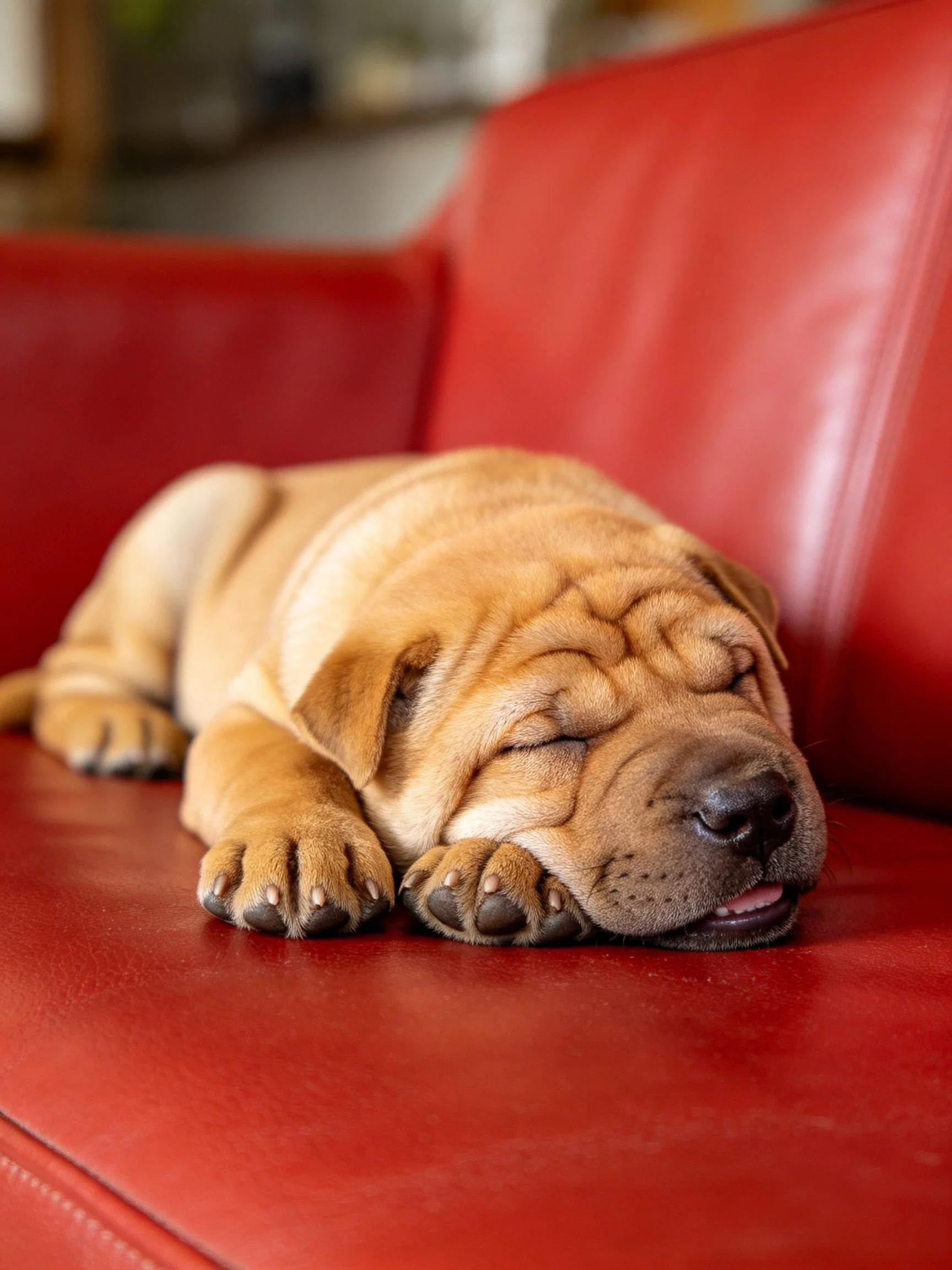A tan Shar Pei puppy rests peacefully on a red couch.