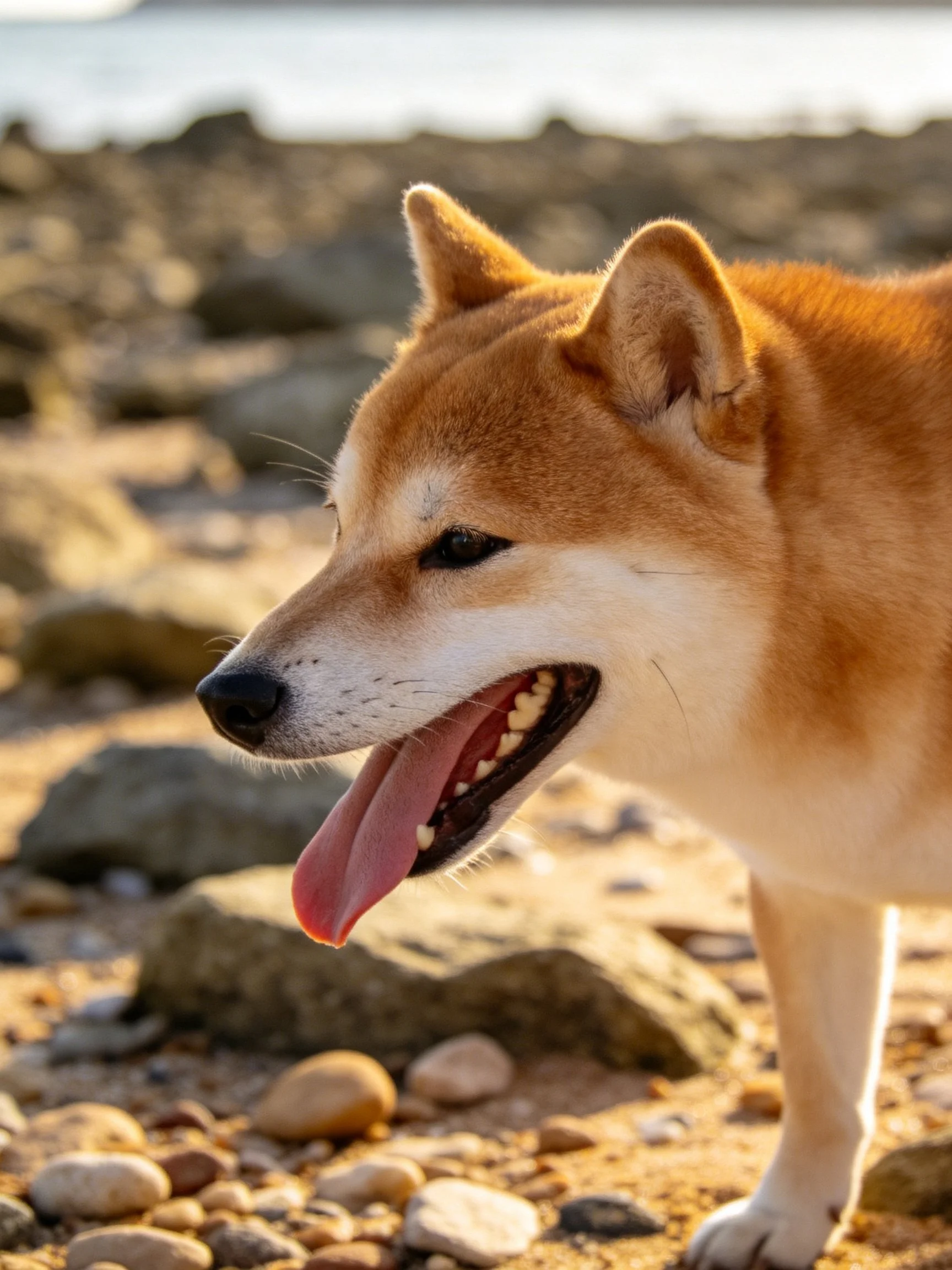 A tan Shiba Inu dog on a rocky shore under bright sunlight