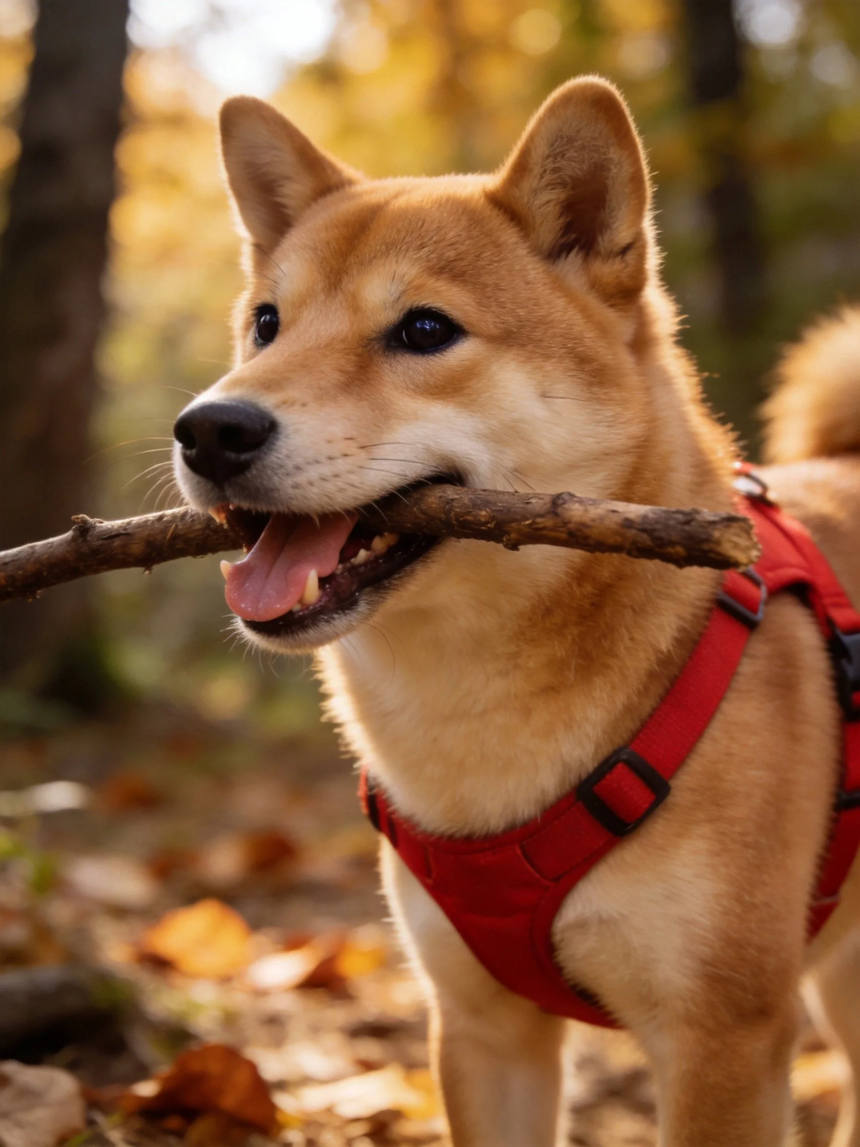 A tan Shiba Inu in a red harness carries a branch amid autumn foliage