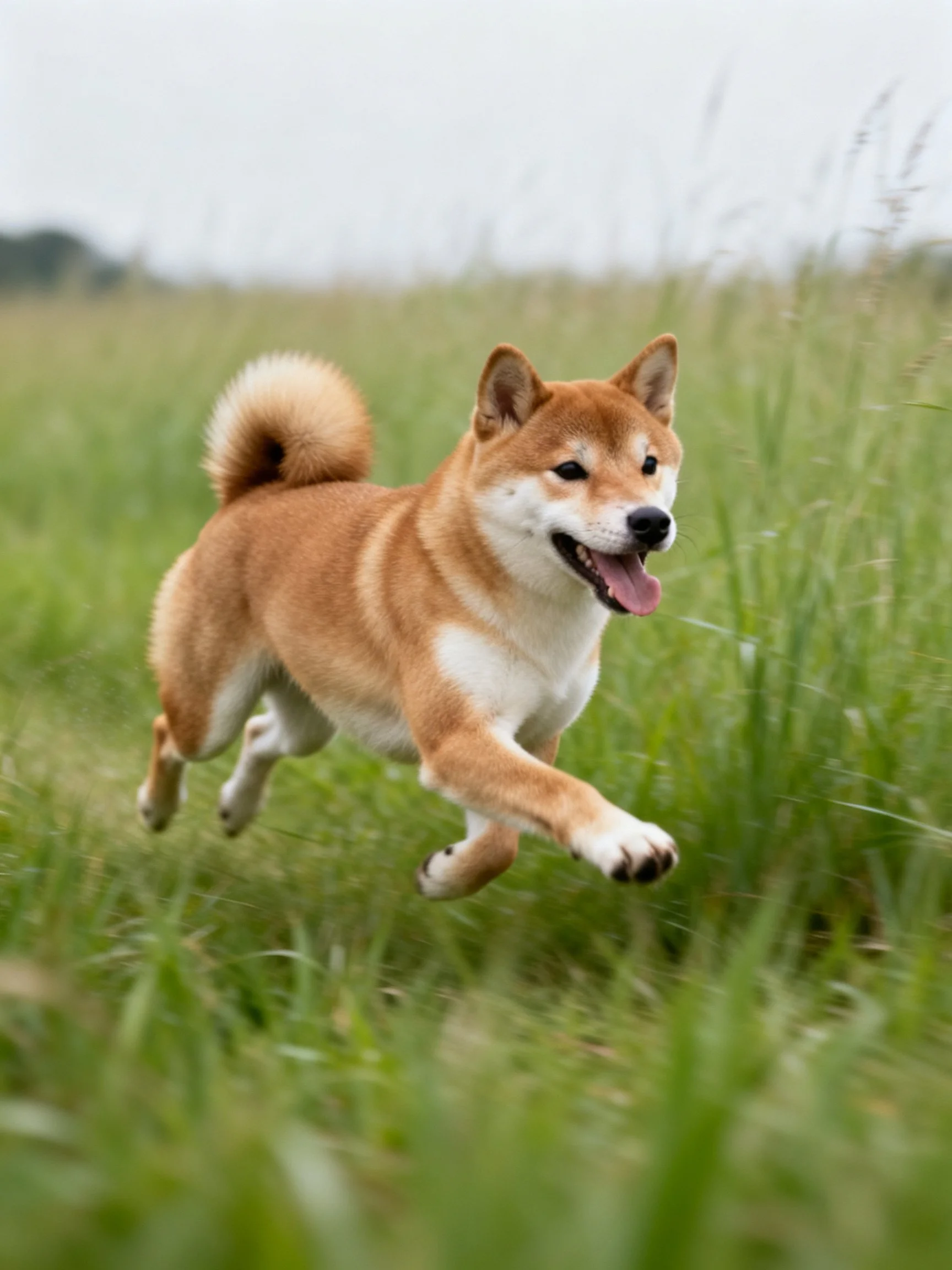 A tan Shiba Inu joyfully runs through tall green grass