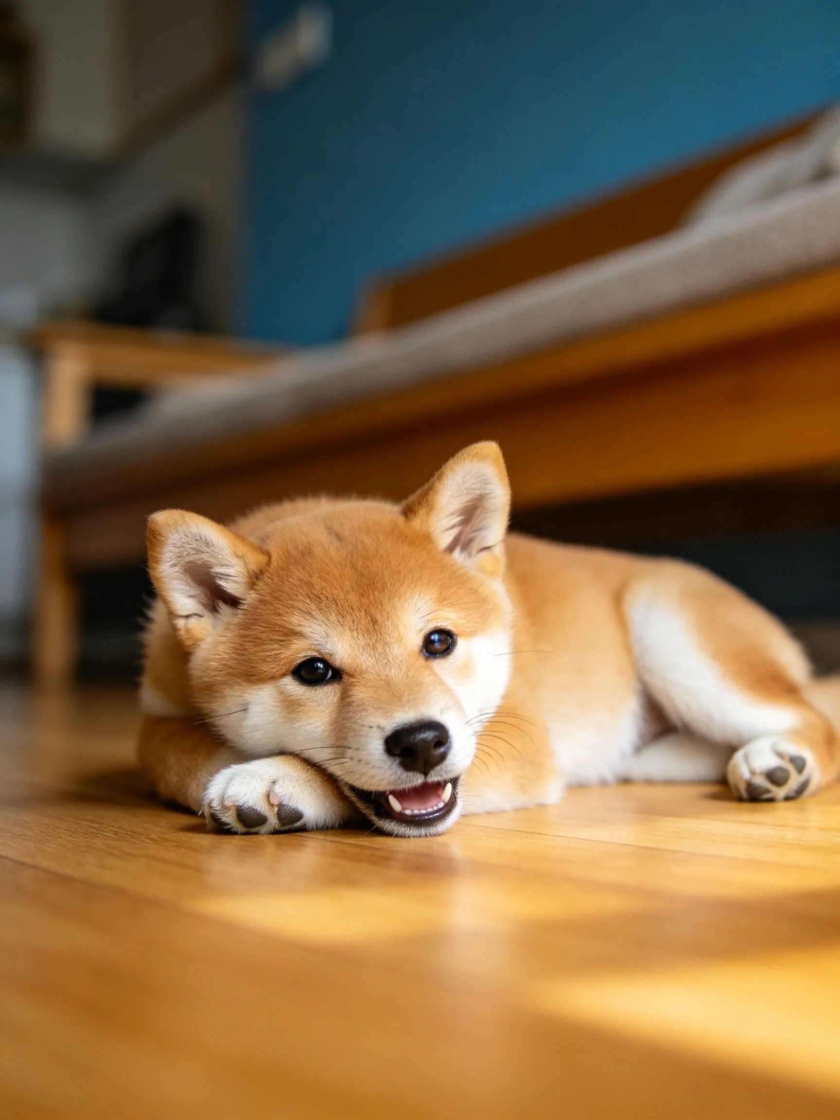 A tan Shiba Inu puppy relaxes on a wooden floor in a cozy room.