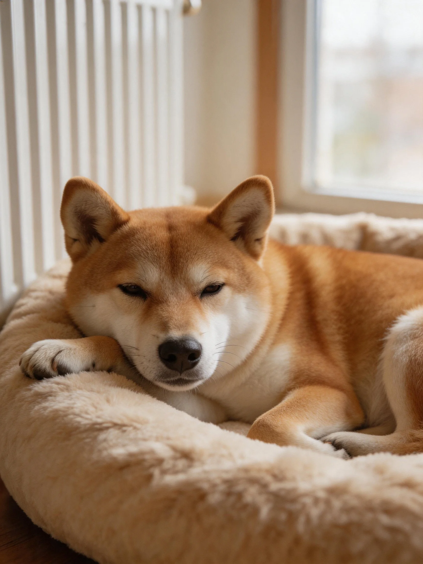 A tan Shiba Inu rests in a plush bed near a radiator