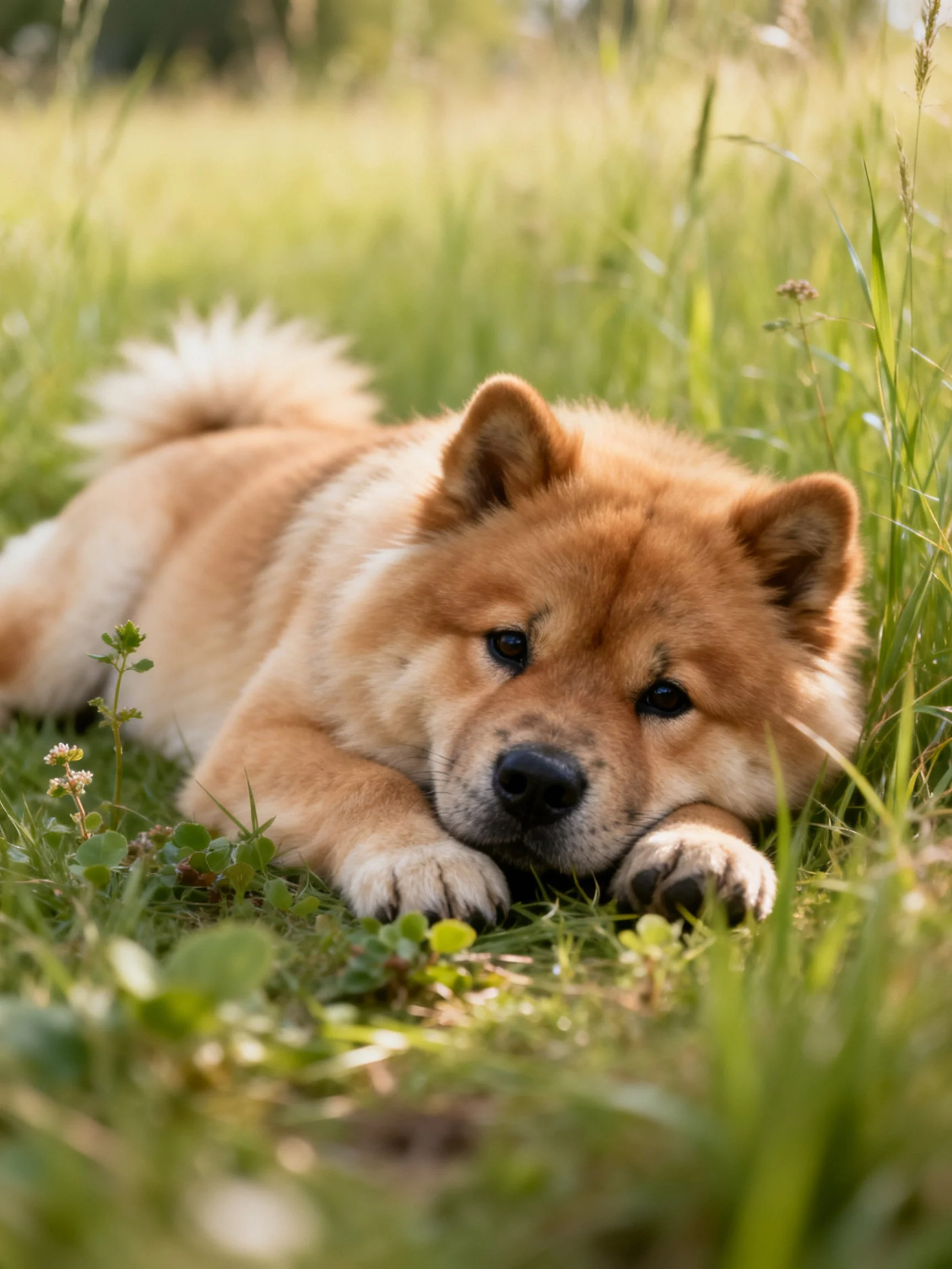 A tan Shiba Inu rests peacefully among lush green grass