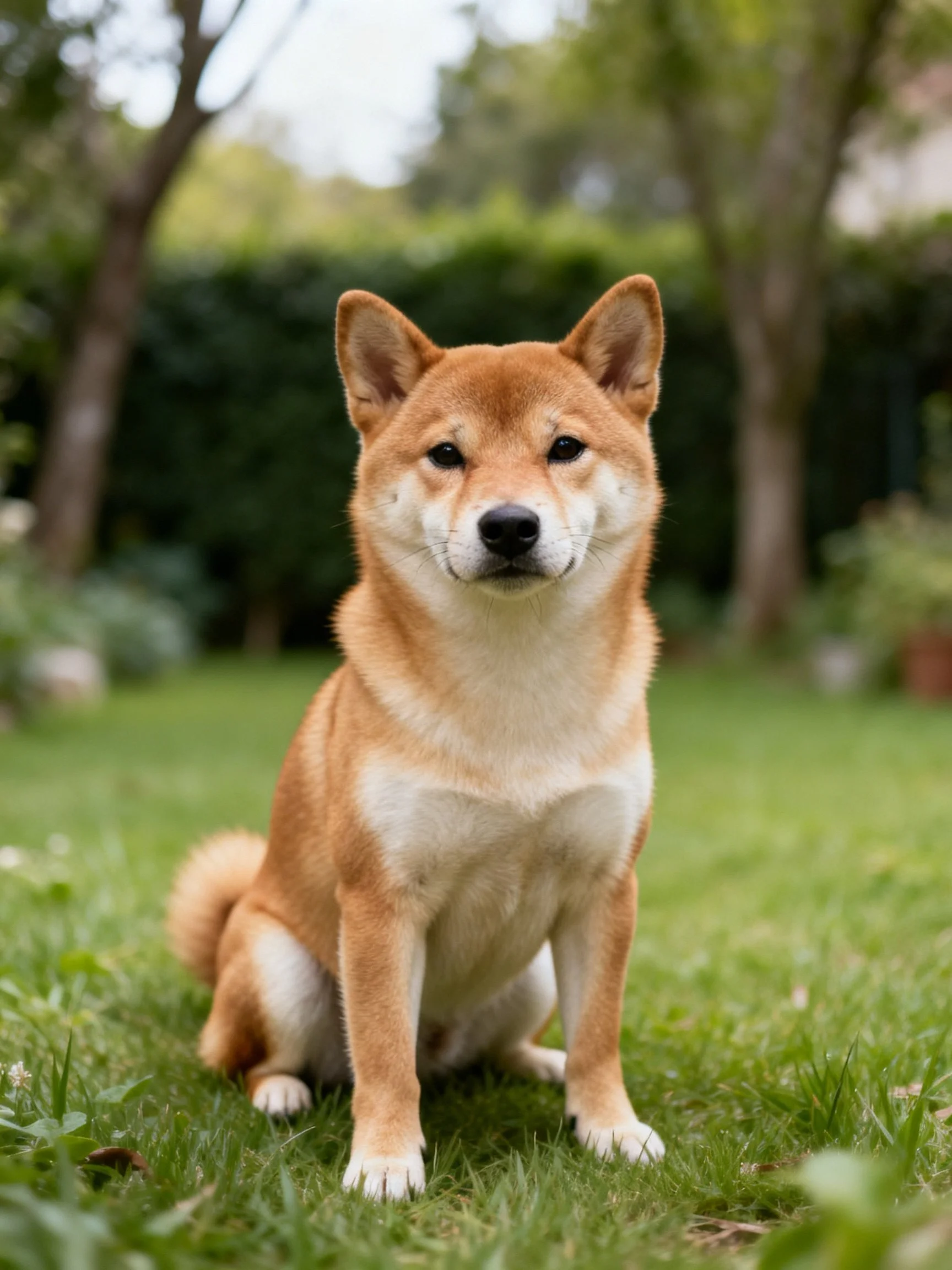 A tan Shiba Inu sits calmly on lush green grass