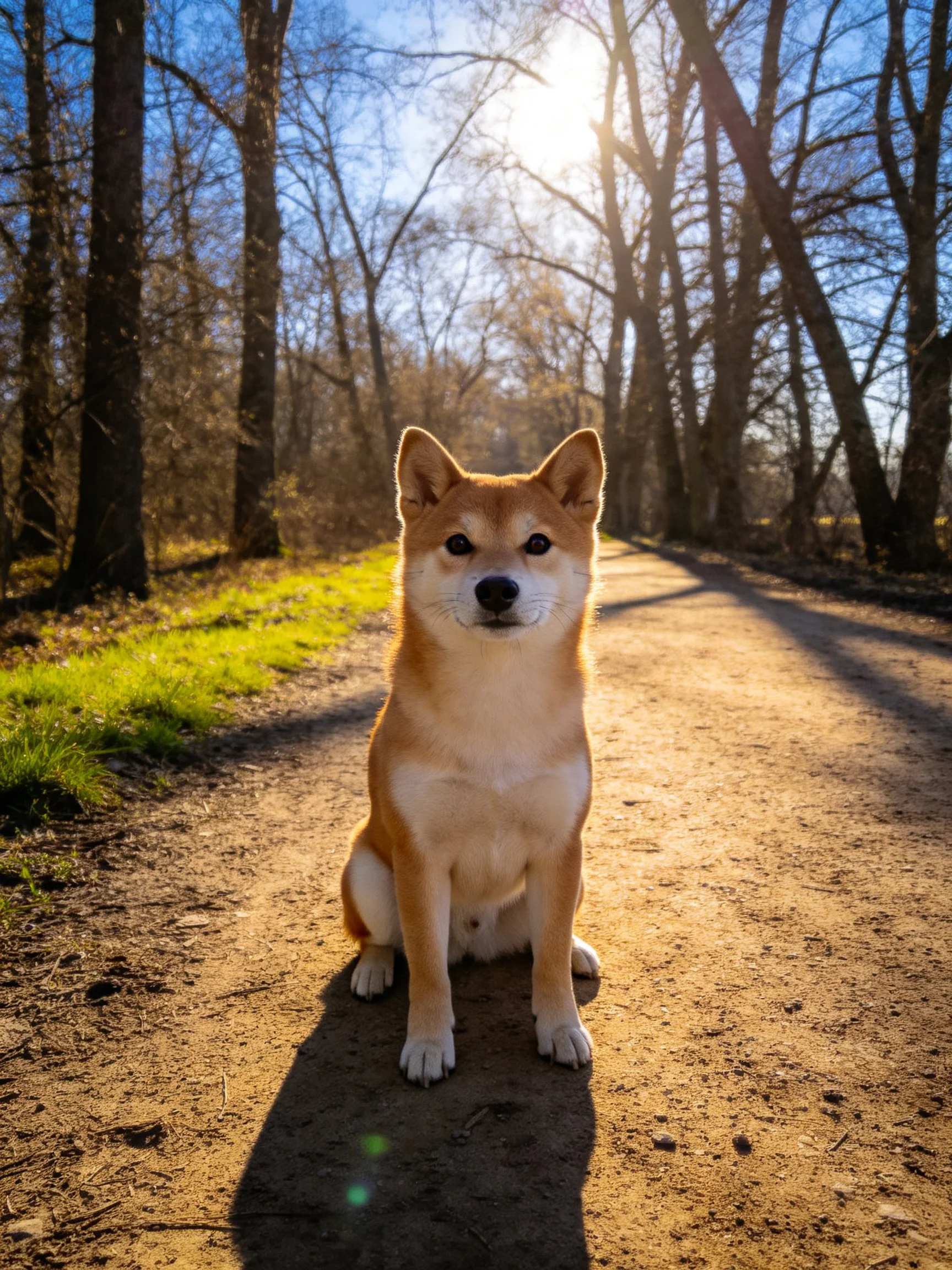 A tan Shiba Inu sits on a sunlit forest dirt path