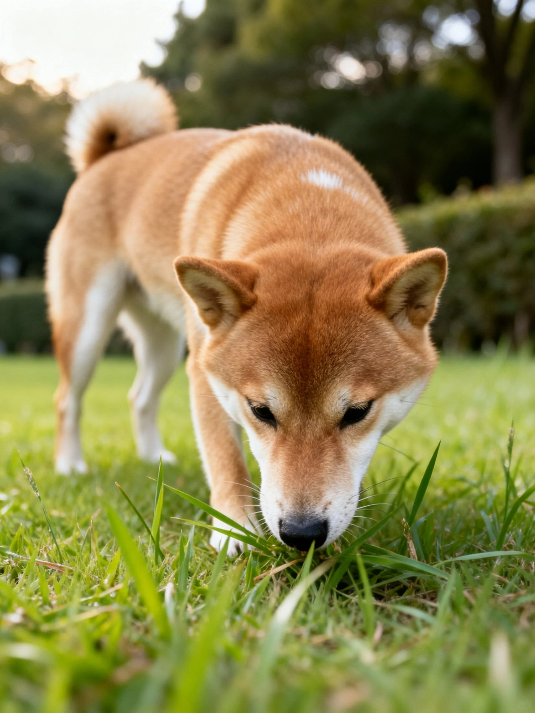A tan Shiba Inu sniffs green grass in a sunlit outdoor area