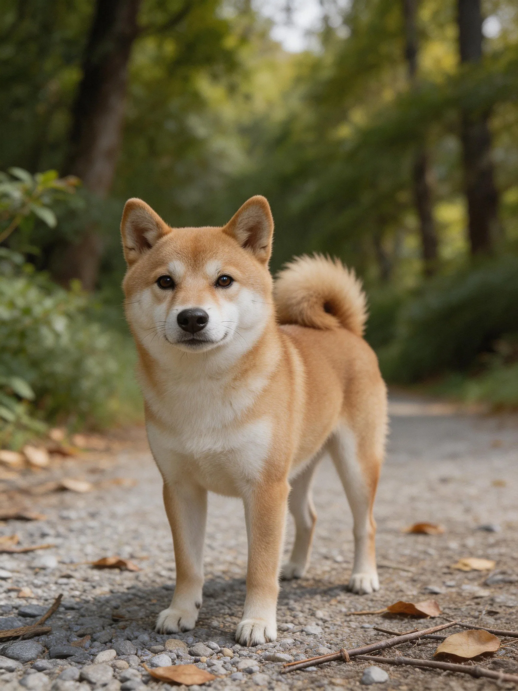 A tan Shiba Inu stands on a gravel path surrounded by green foliage