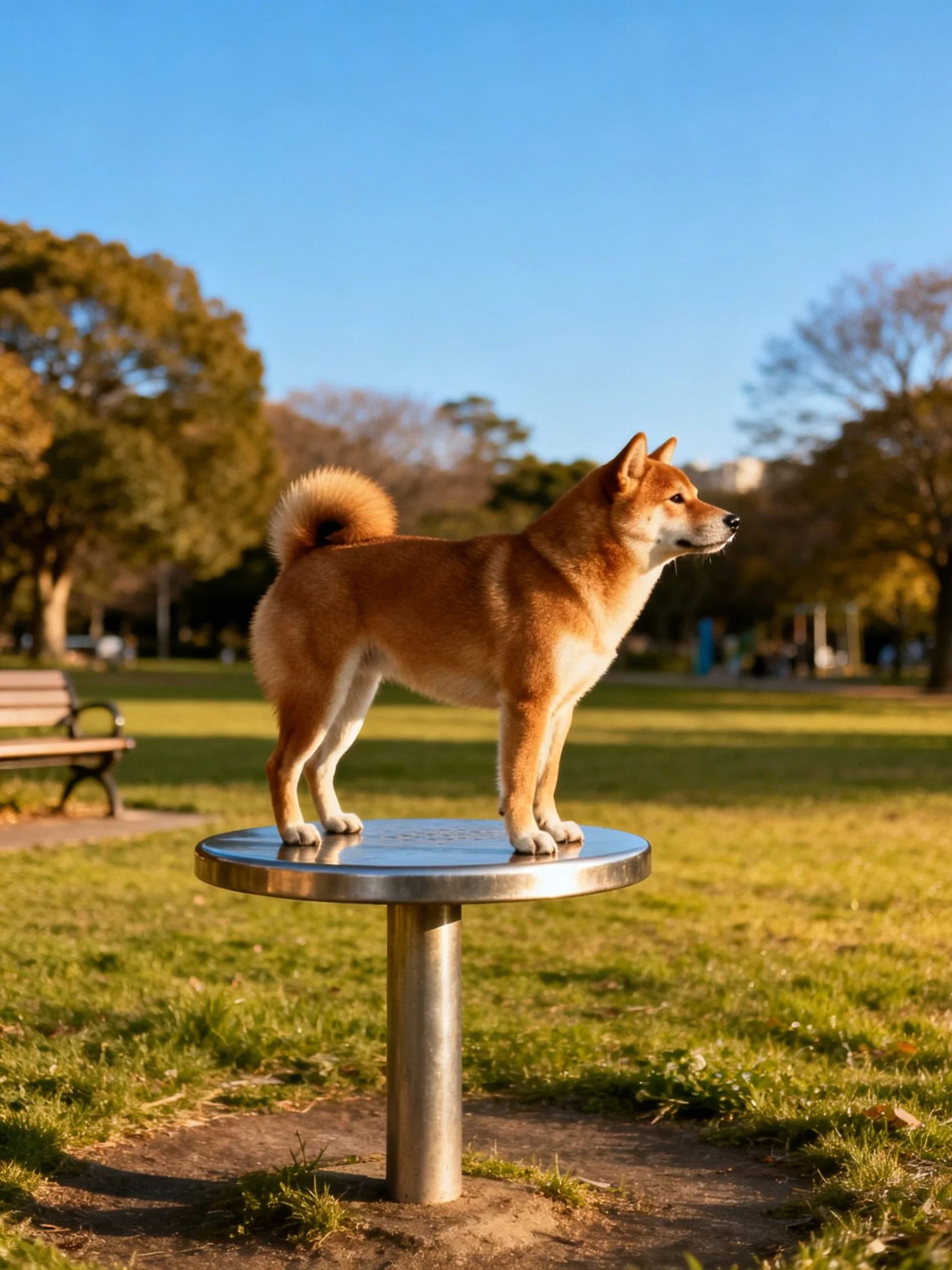 A tan Shiba Inu stands on a metallic table in a sunlit park