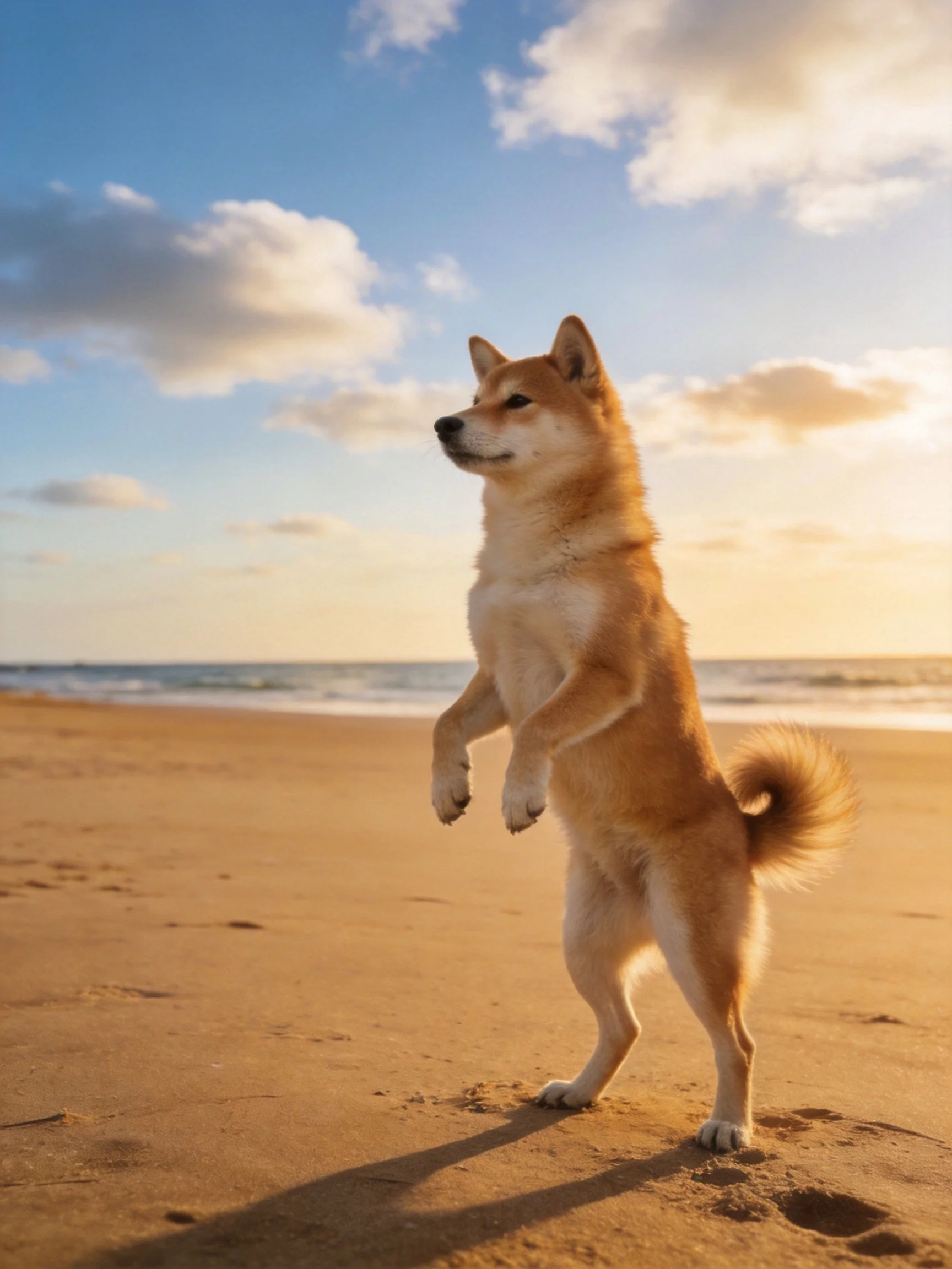 A tan Shiba Inu stands upright on a sandy beach at sunset