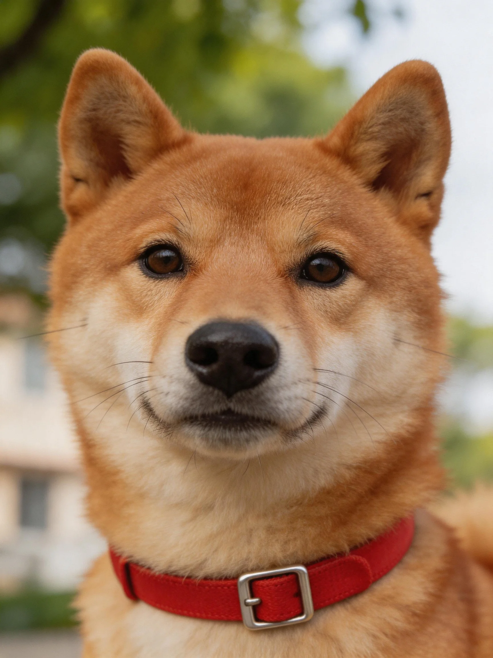 A tan Shiba Inu with a bright red collar standing outdoors