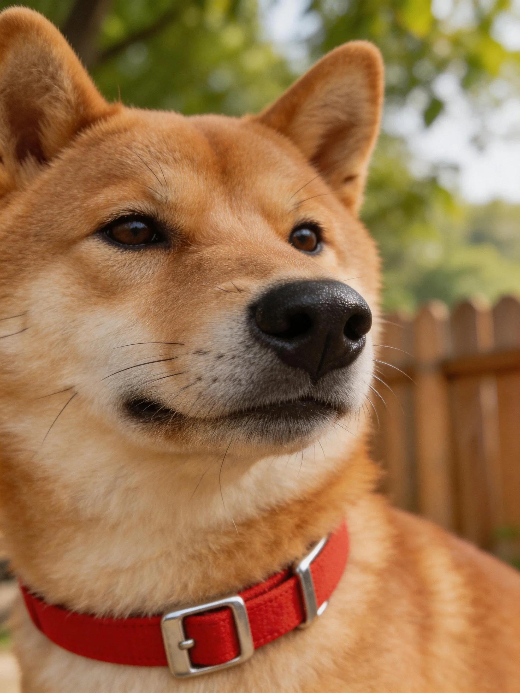 A tan Shiba Inu with a red collar outdoors