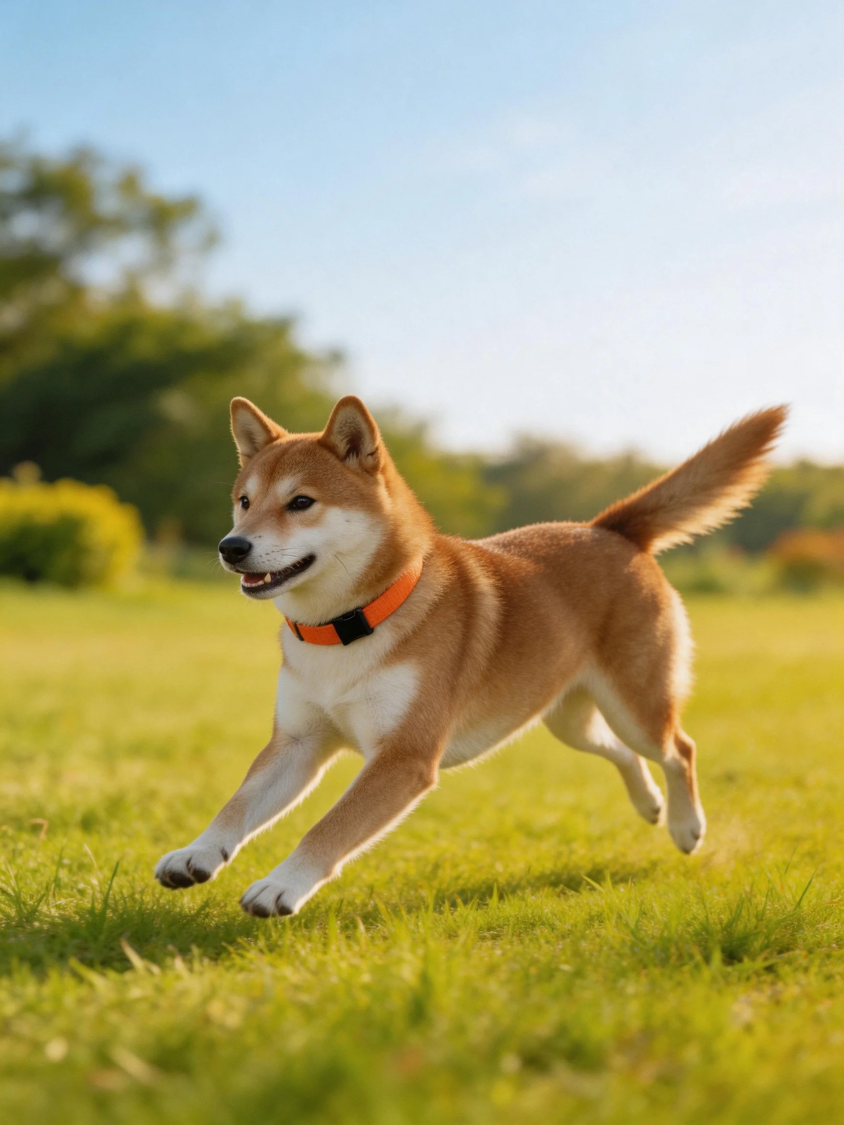A tan Shiba Inu with an orange collar runs through sunny green meadow