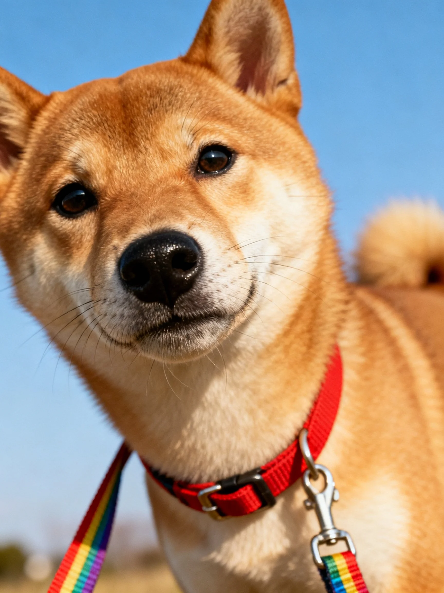 A tan Shiba Inu with red collar and rainbow leash