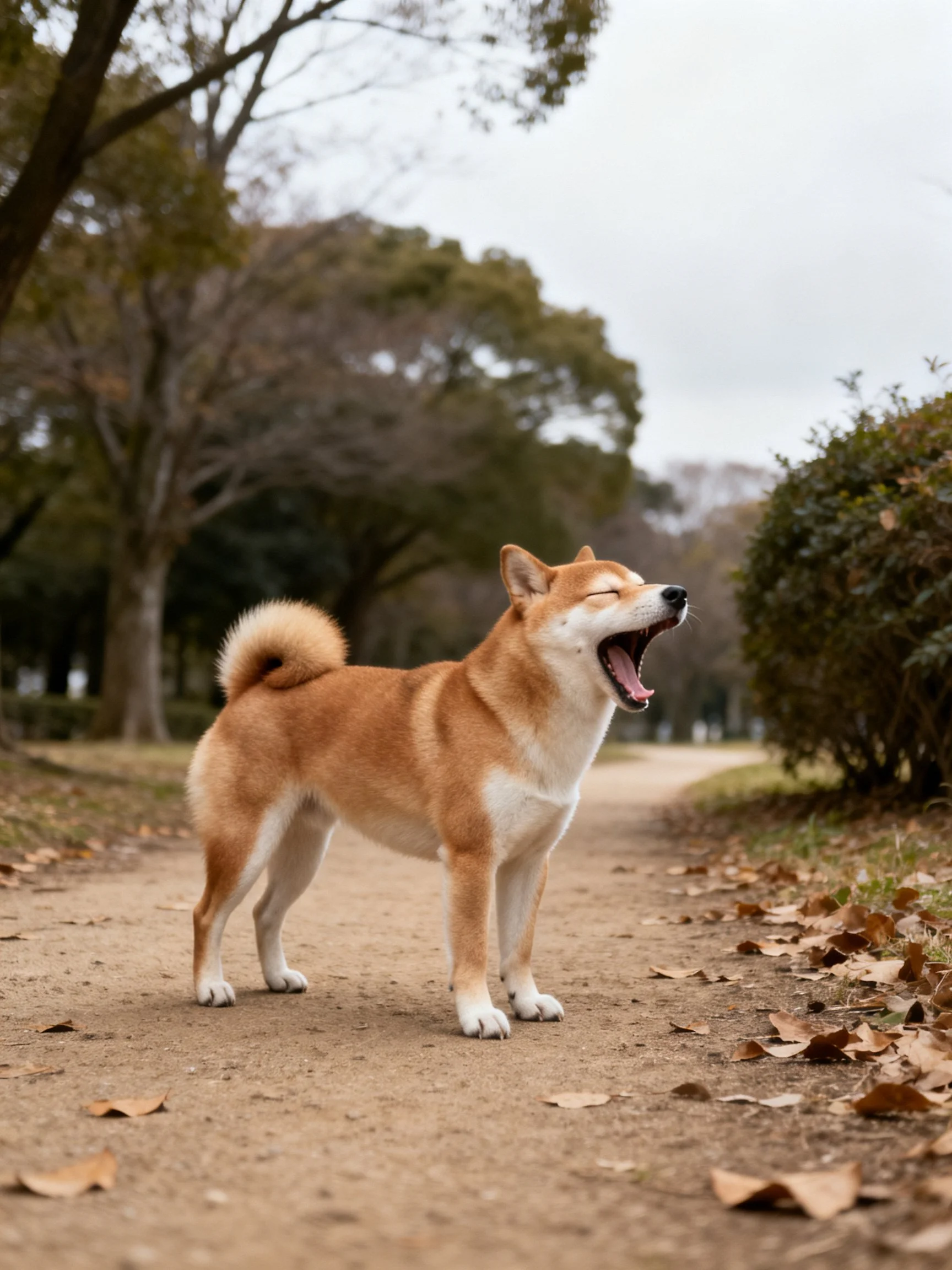 A tan Shiba Inu yawns on a leaf-strewn dirt path near trees