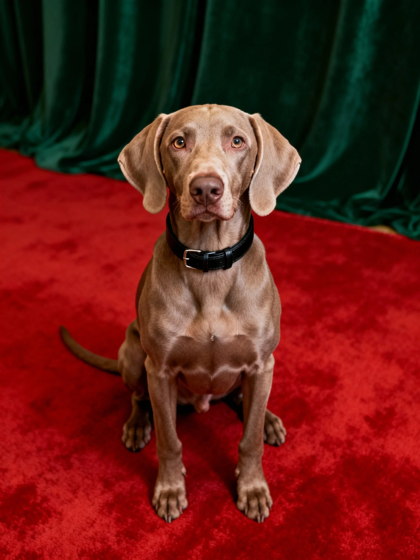 A tan Weimaraner sits on a plush red carpet with dark green drapes