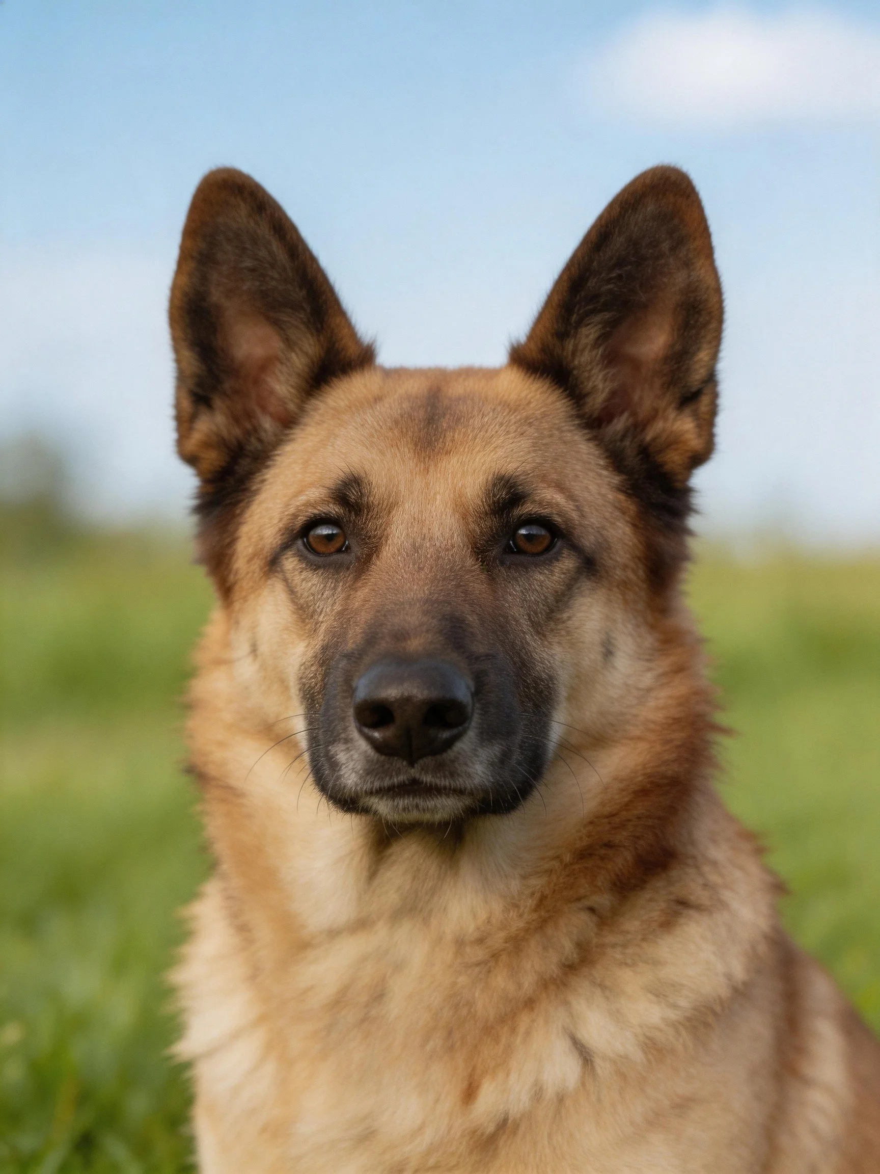 A tan and black German Shepherd dog is positioned in a green outdoor environment.