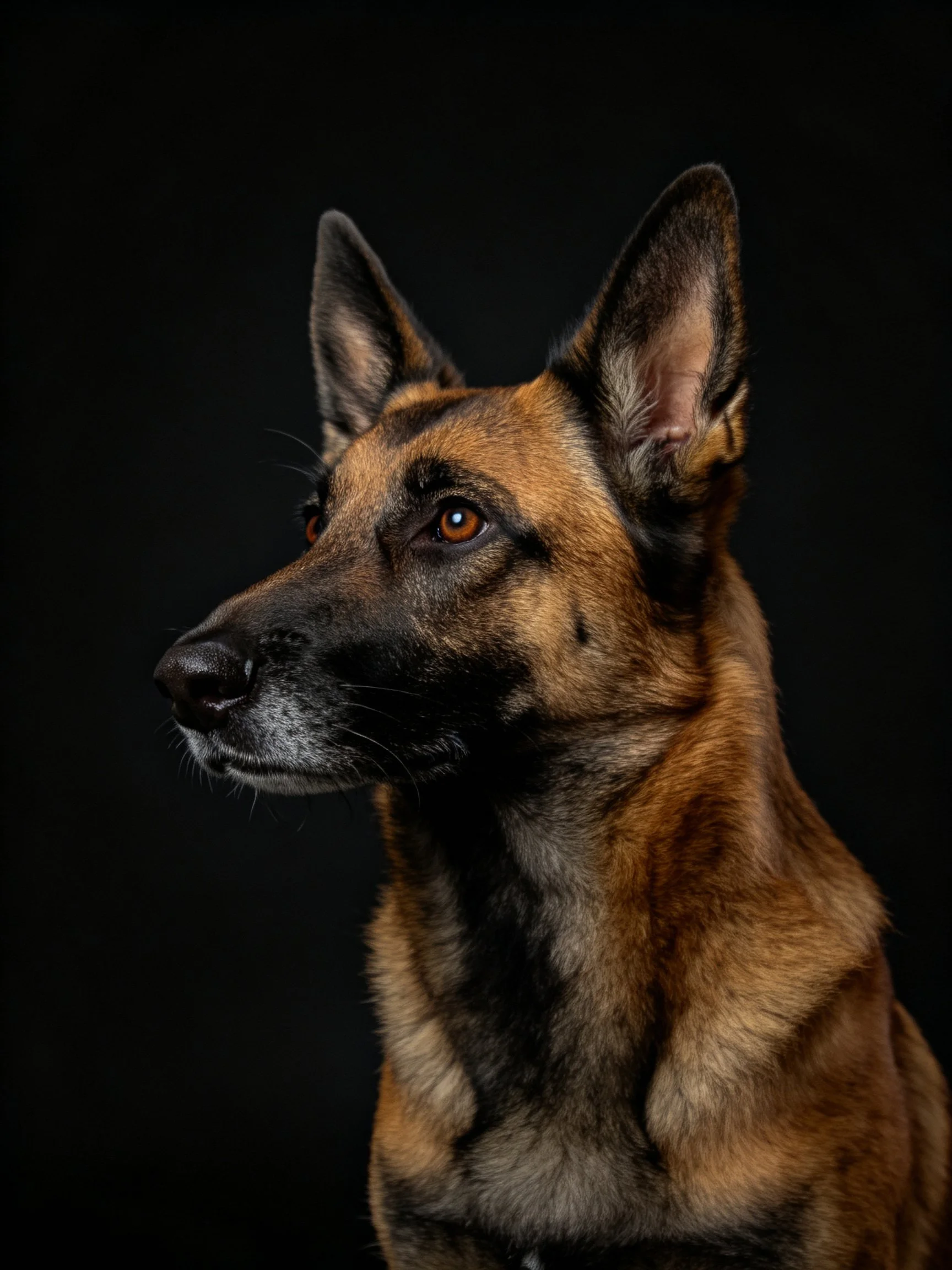 A tan and black-coated dog with upright ears, focused gaze