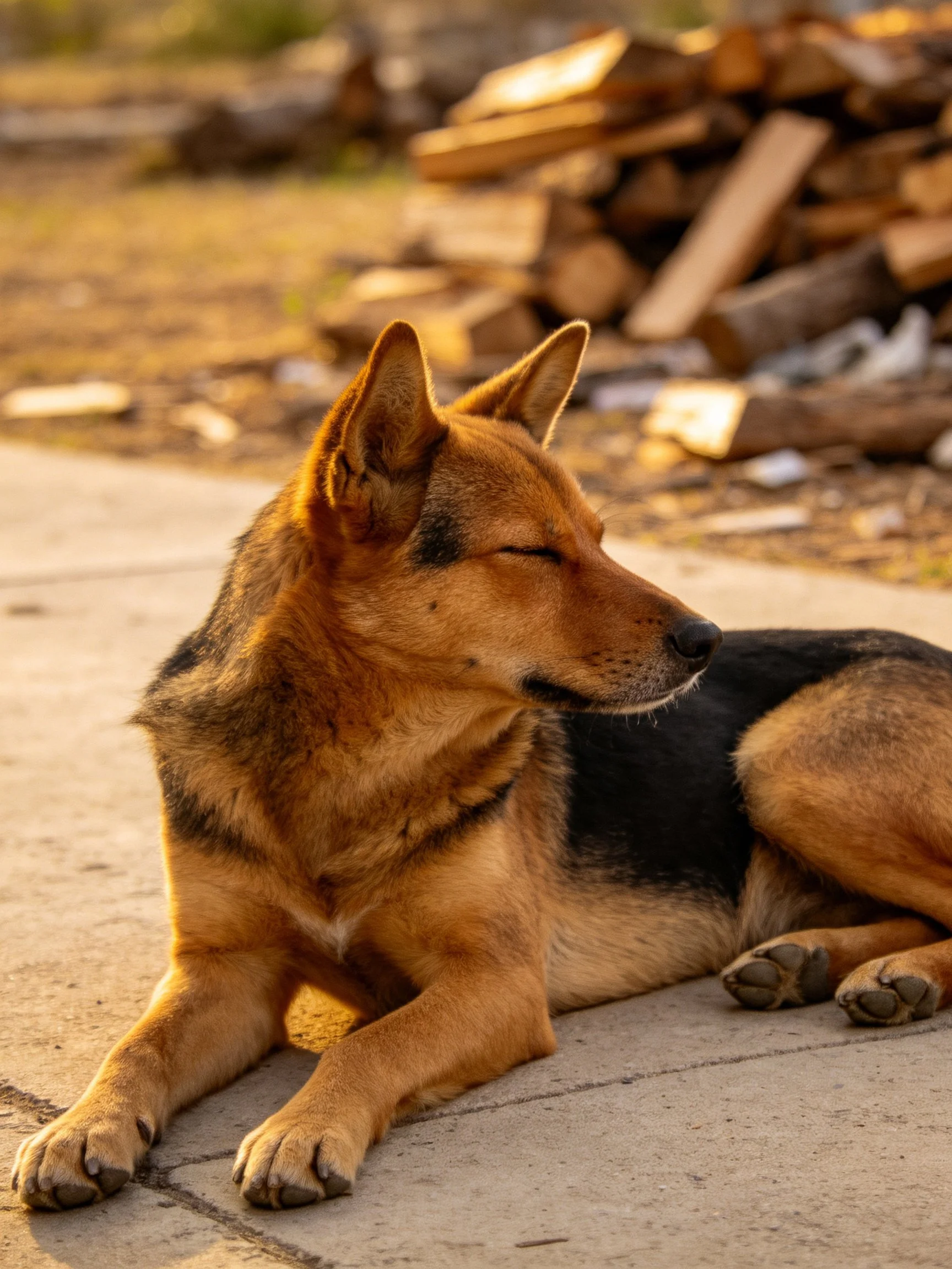 A tan and black dog rests on concrete with wooden piles behind