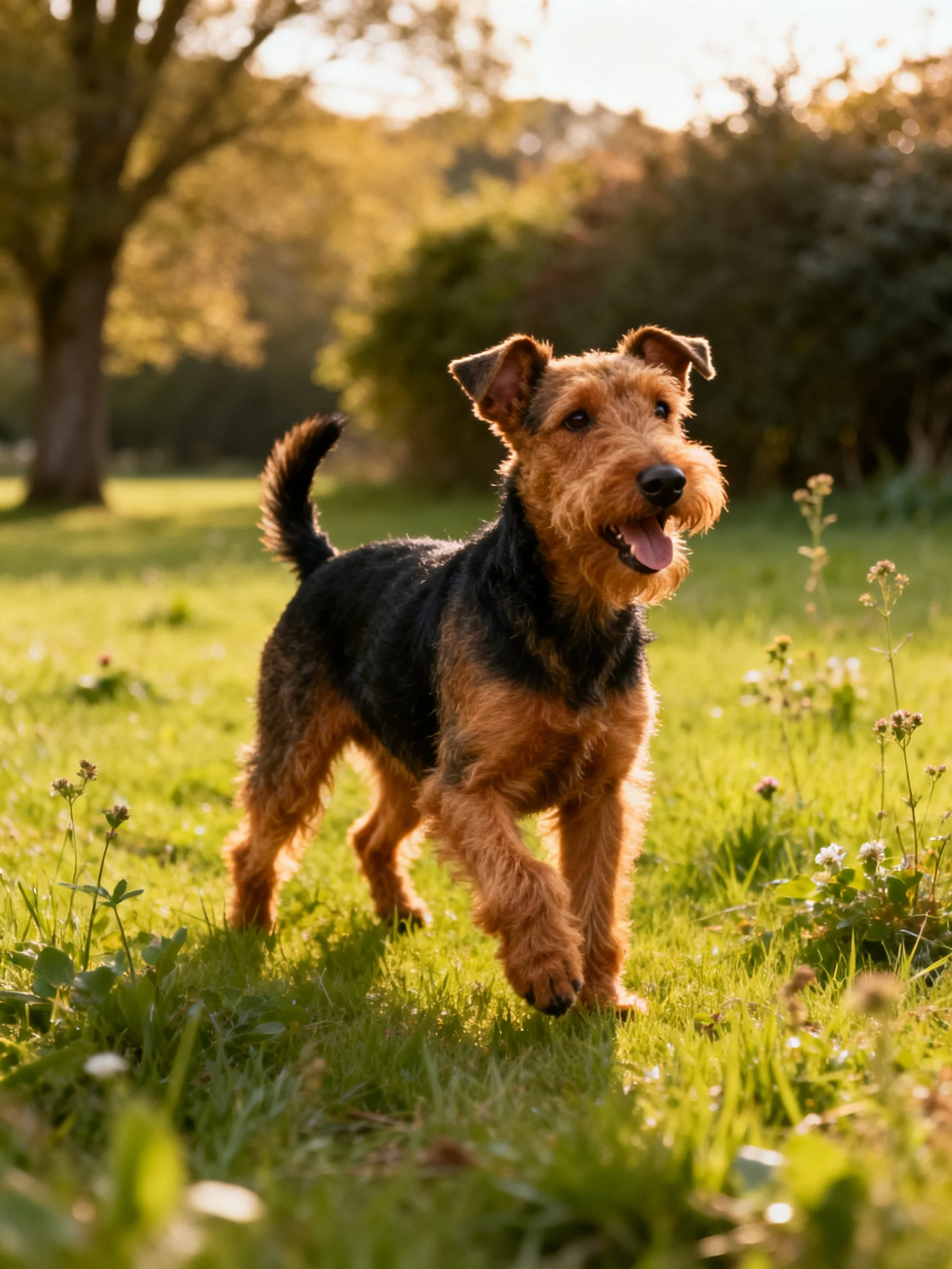 A tan and black dog running in a sunlit grassy field