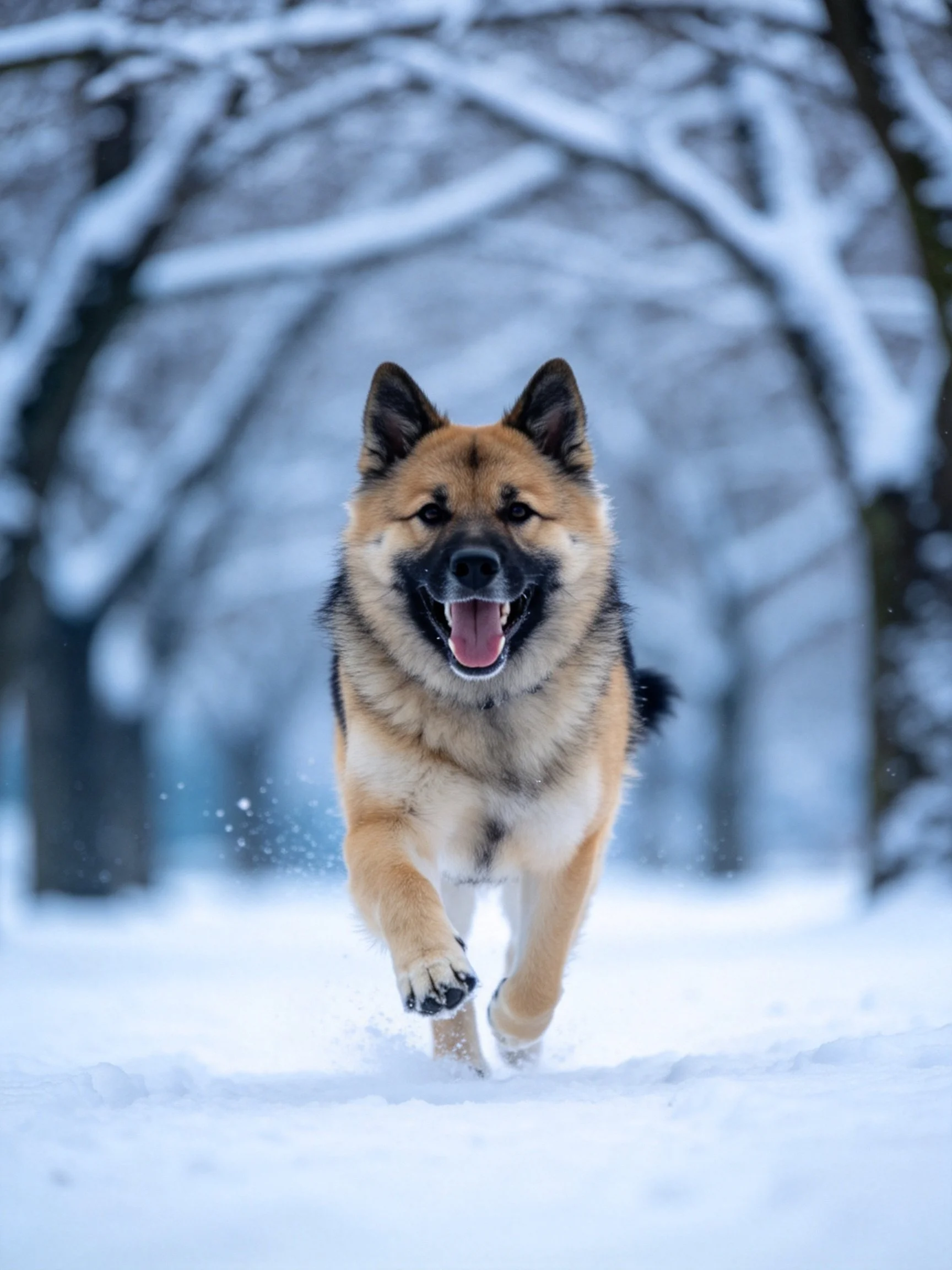 A tan and black dog runs joyfully through a snowy wooded area.