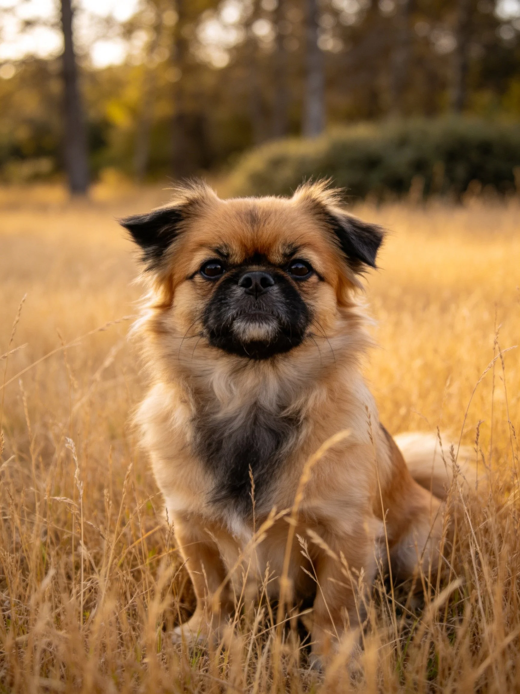 A tan and black dog sits in golden grass with trees in the distance.
