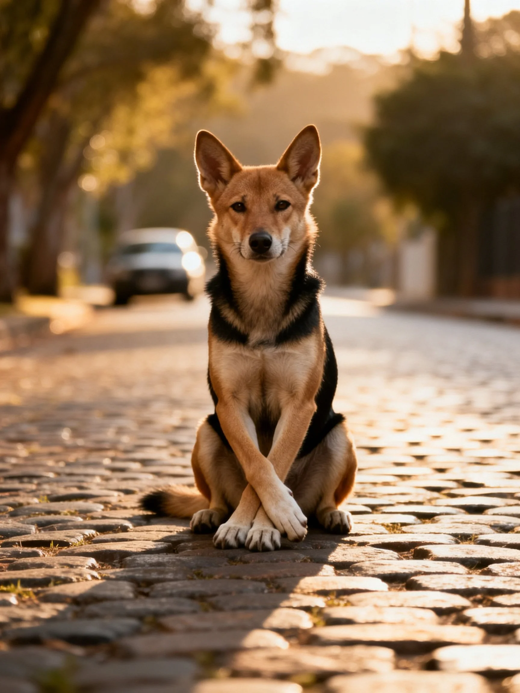 A tan and black dog sits on a cobblestone street during golden hour