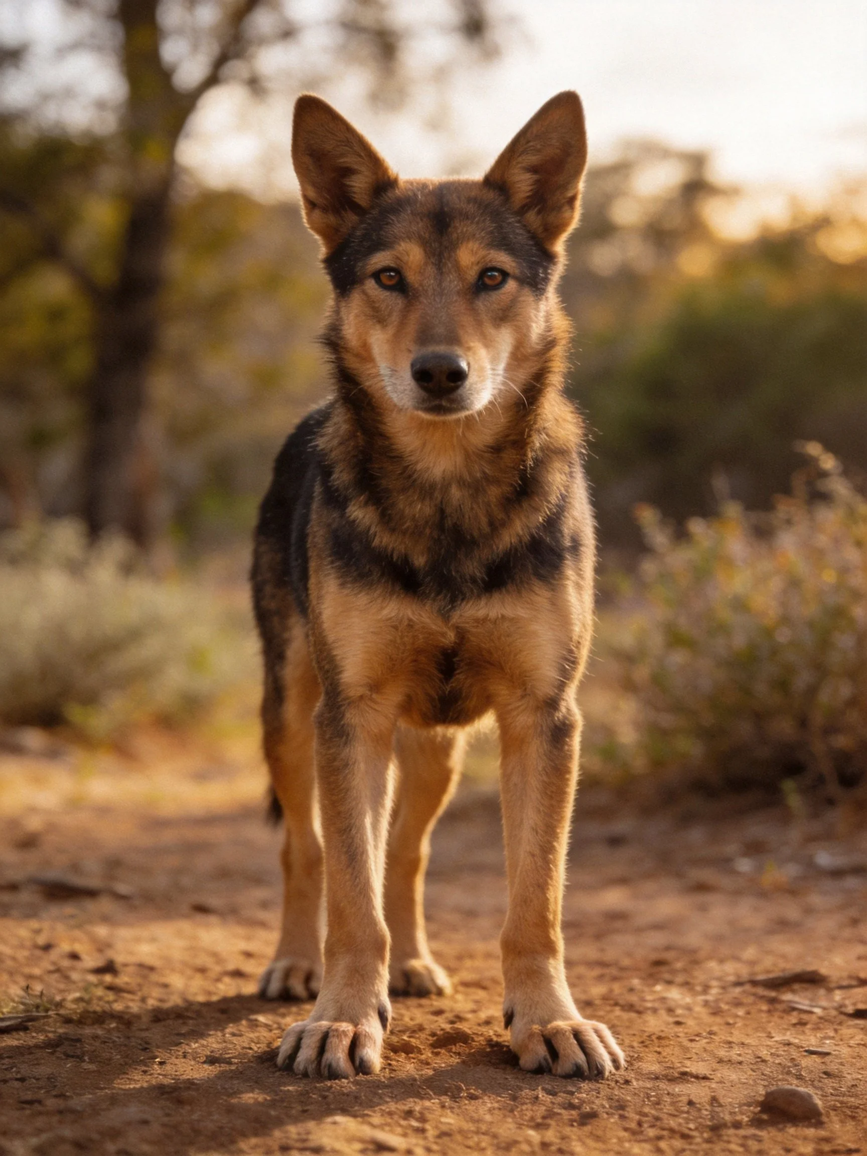 A tan and black dog stands alert on a dirt path