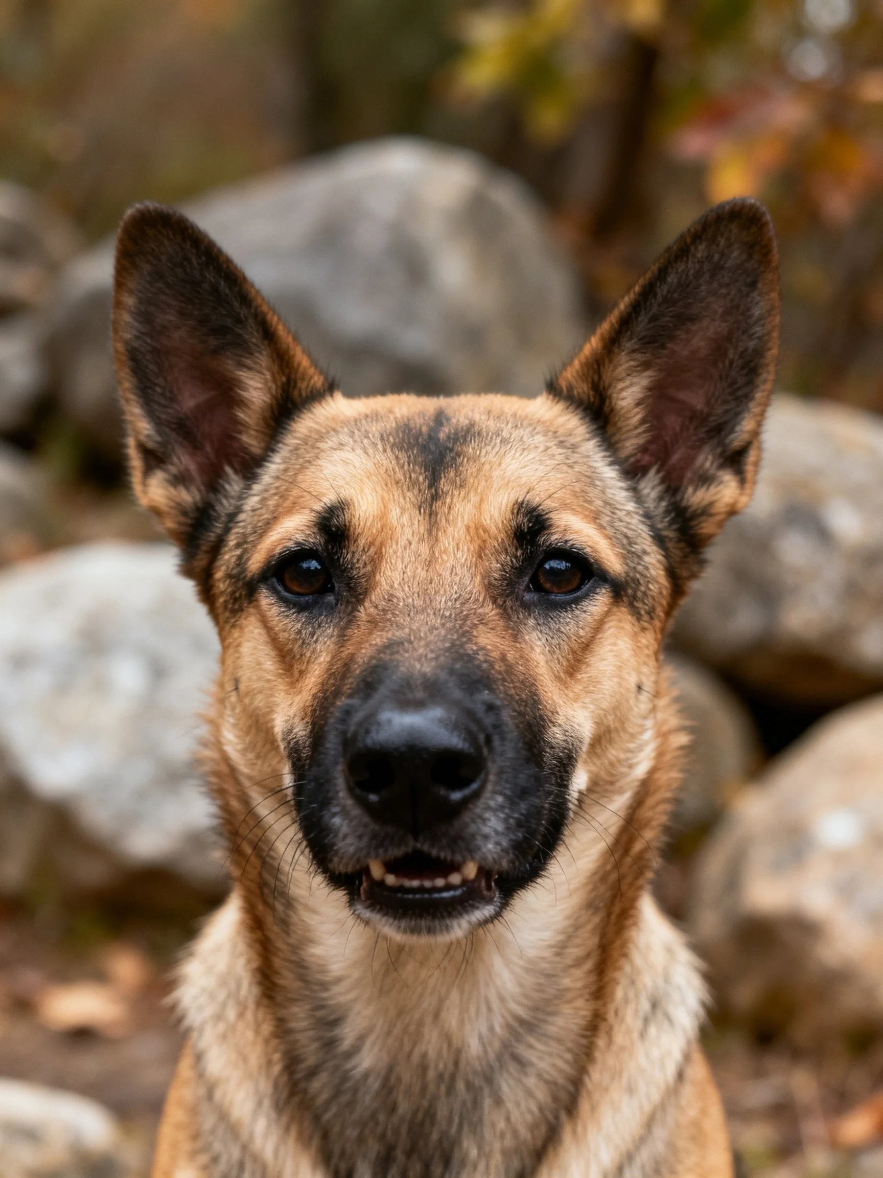 A tan and black dog with upright ears near large rocks