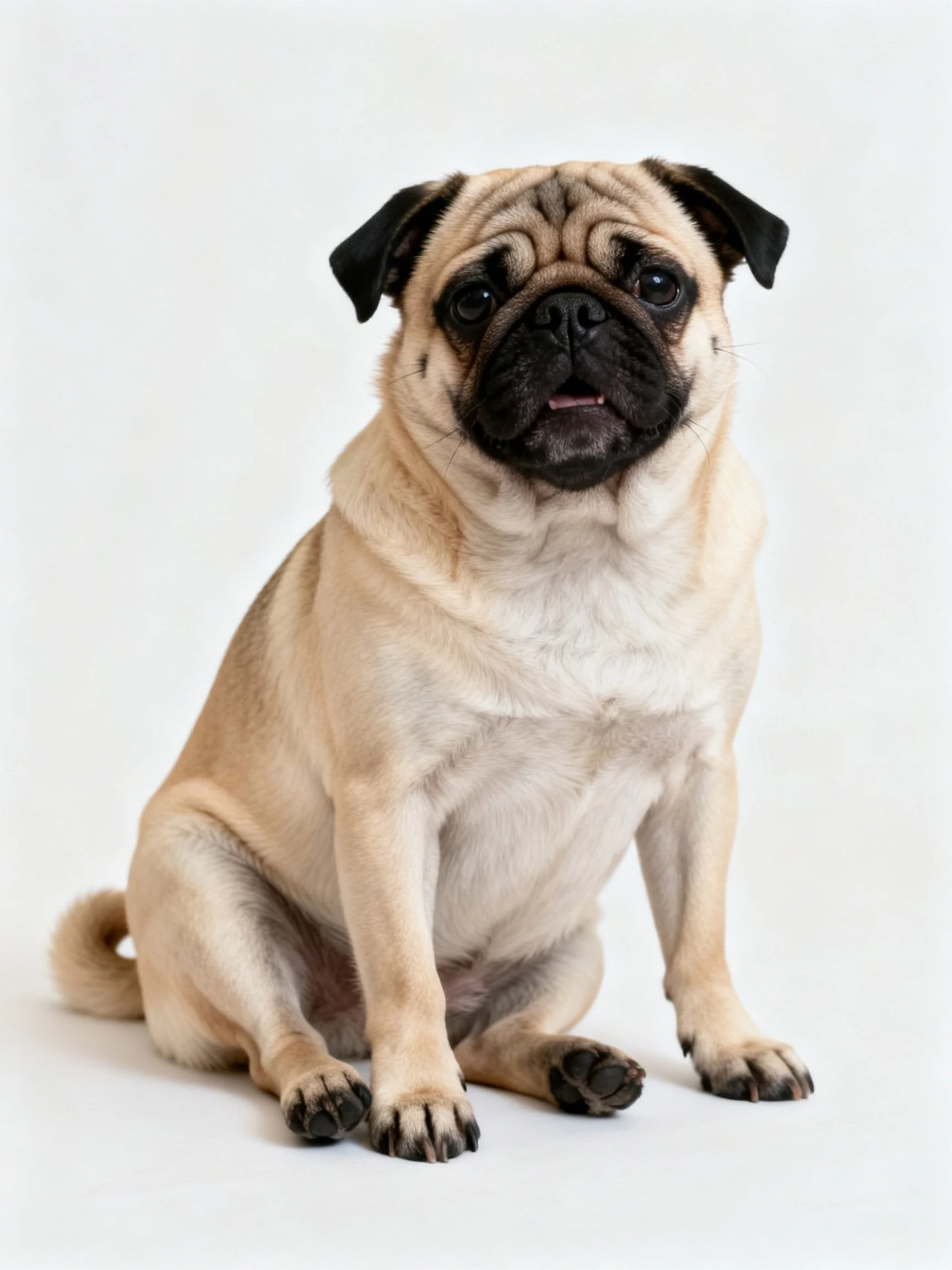 A tan-colored pug dog sits attentively on a plain white surface.