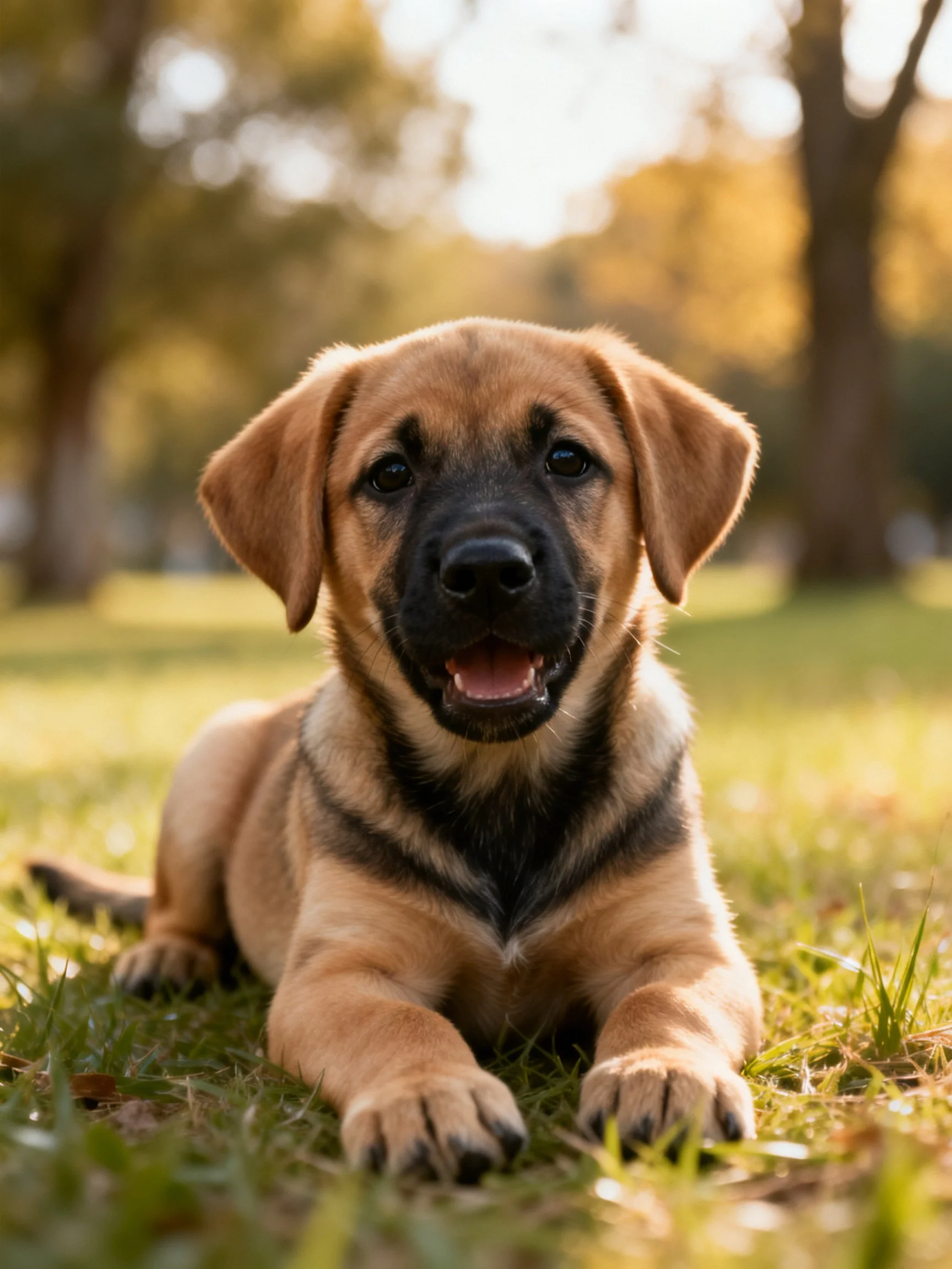 A tan and black puppy relaxes peacefully on grass in a sunlit park environment.
