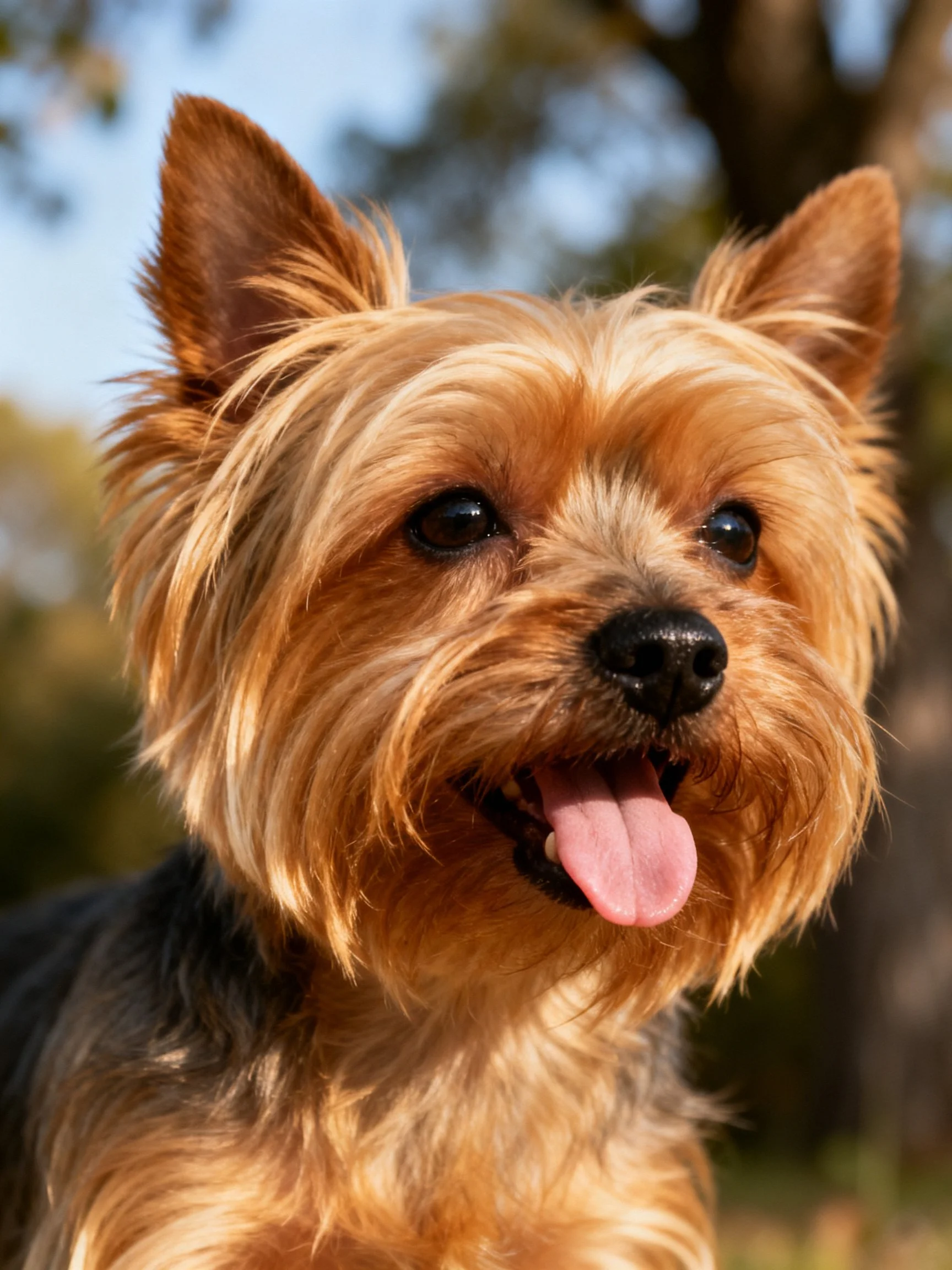 A small tan and black dog with upright ears is outside near trees.