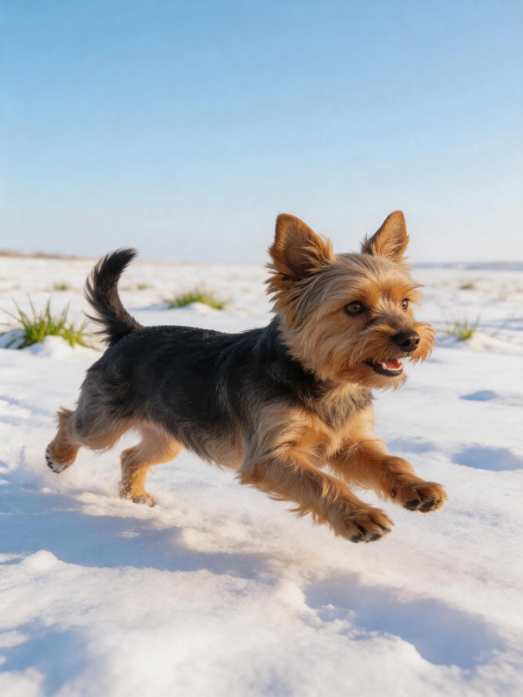 A terrier runs joyfully across a snowy landscape with sparse vegetation.