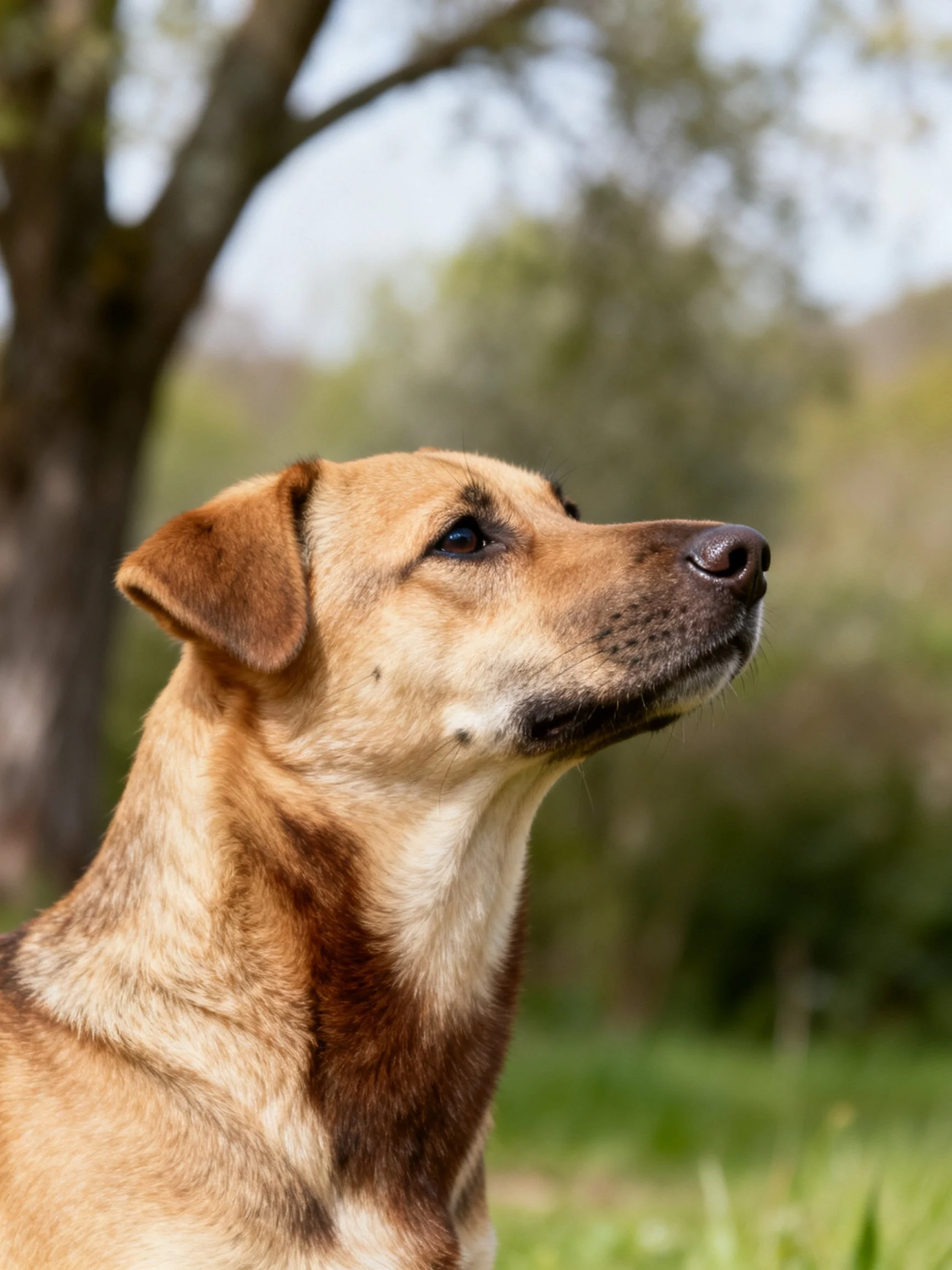 A tan and brown dog gazing upward near greenery and trees