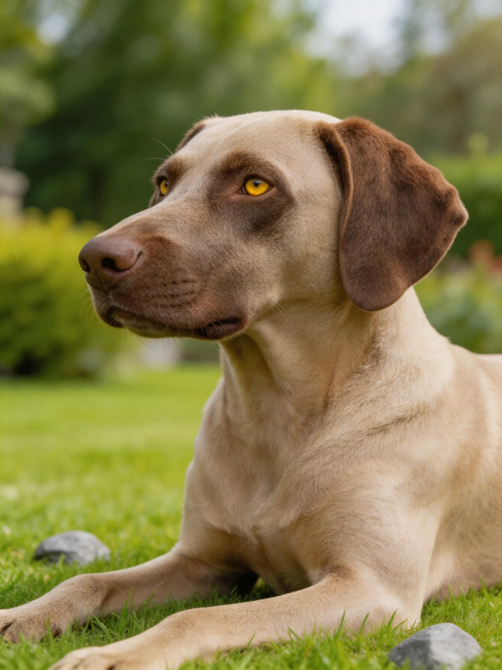 A tan and brown dog relaxes on green grass in an outdoor garden.