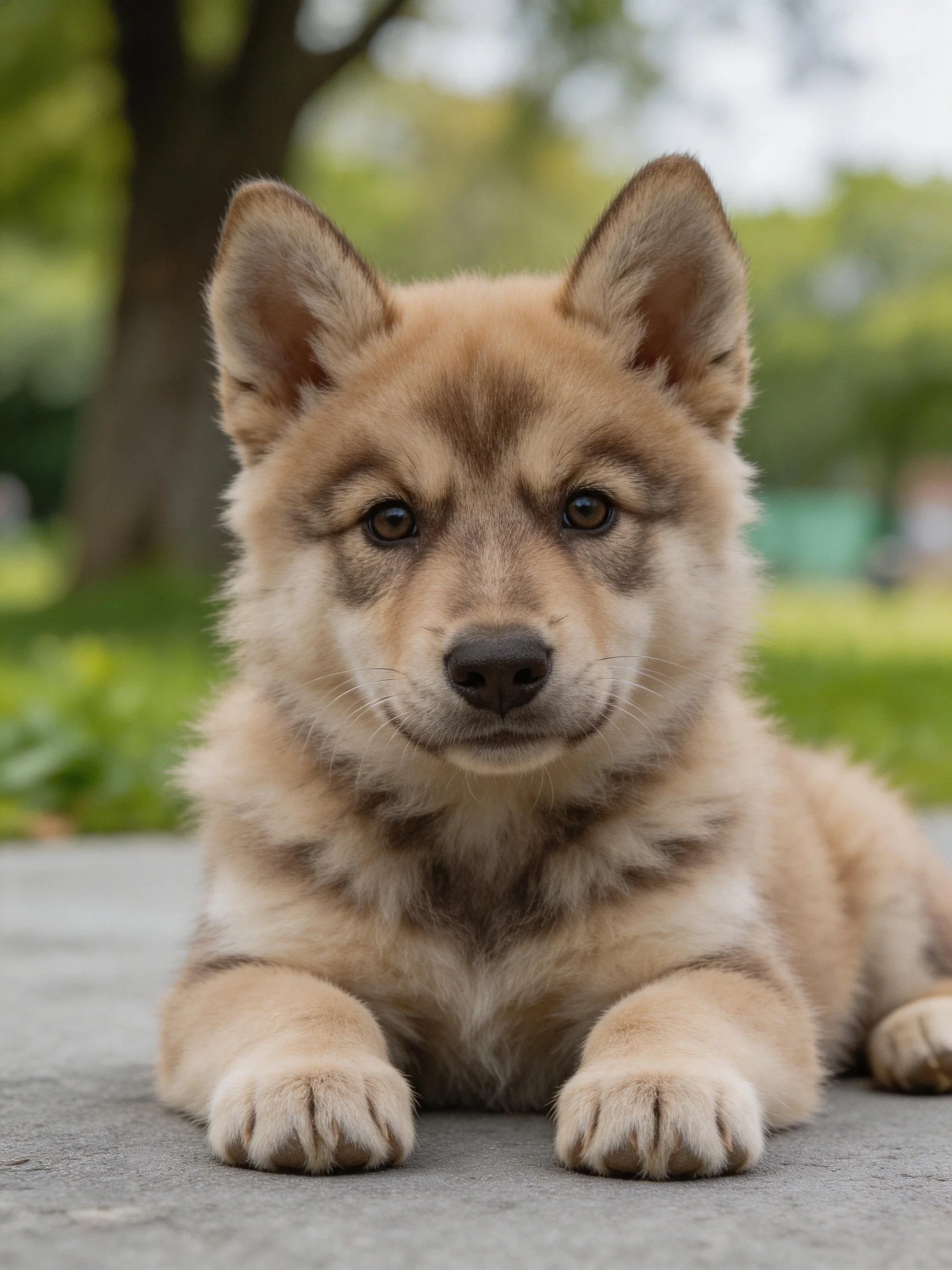 A tan and brown puppy rests on pavement surrounded by greenery.