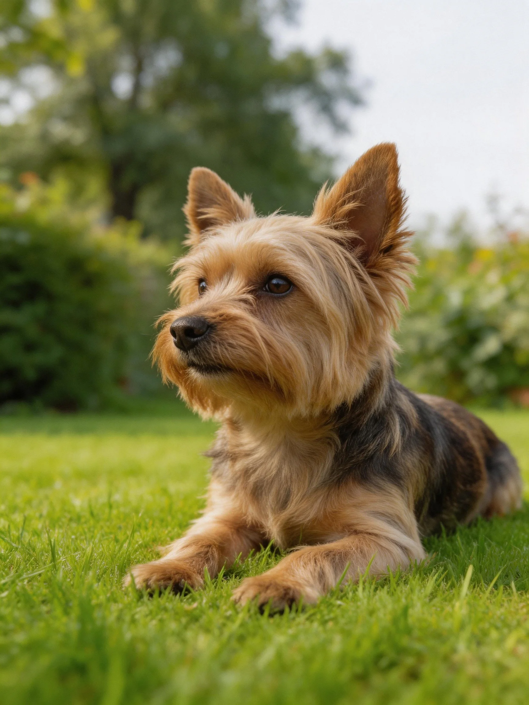 A small dog relaxes on green grass in a sunny outdoor area.