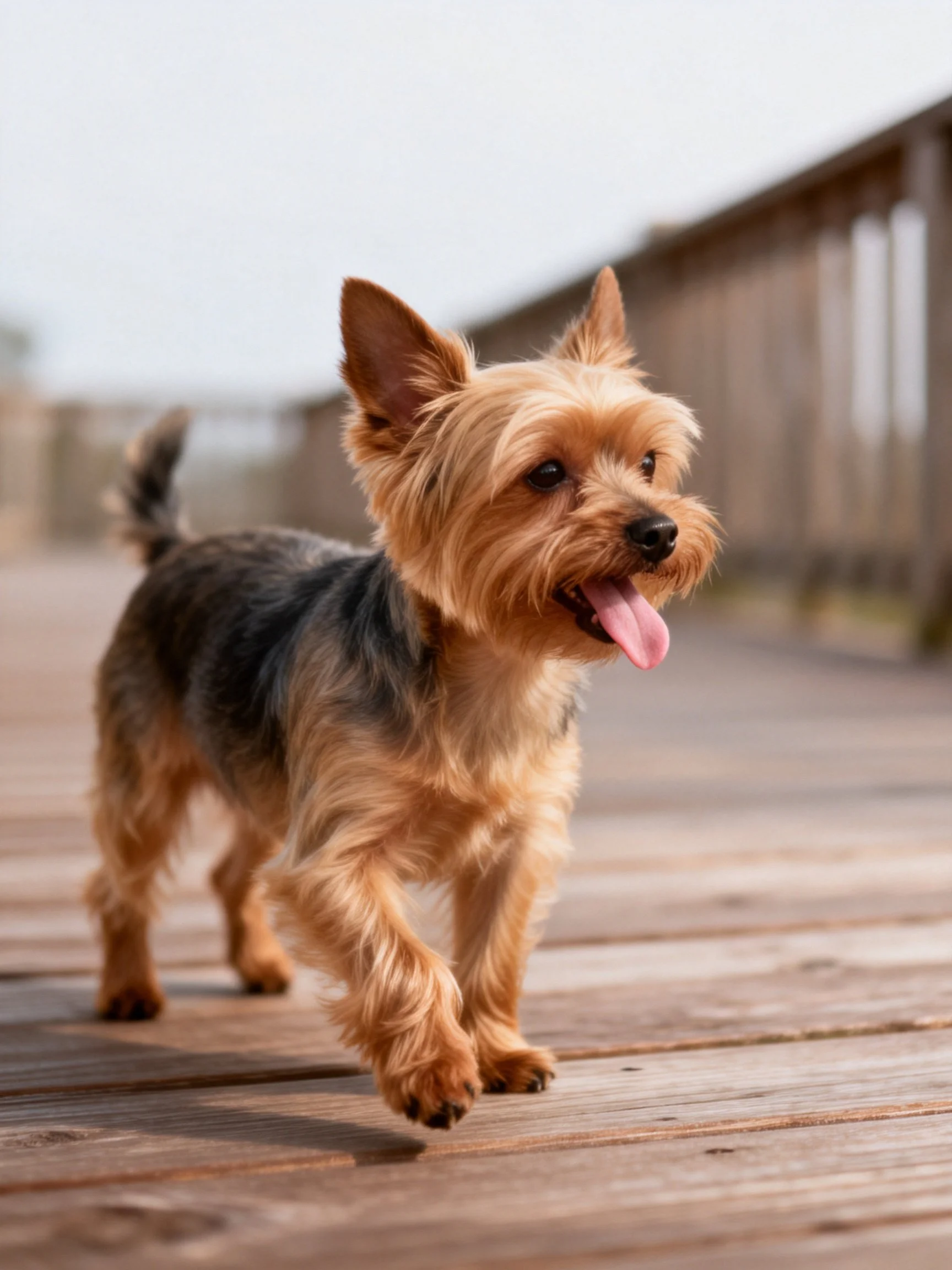 A small dog with tan and dark fur walks on a wooden surface.