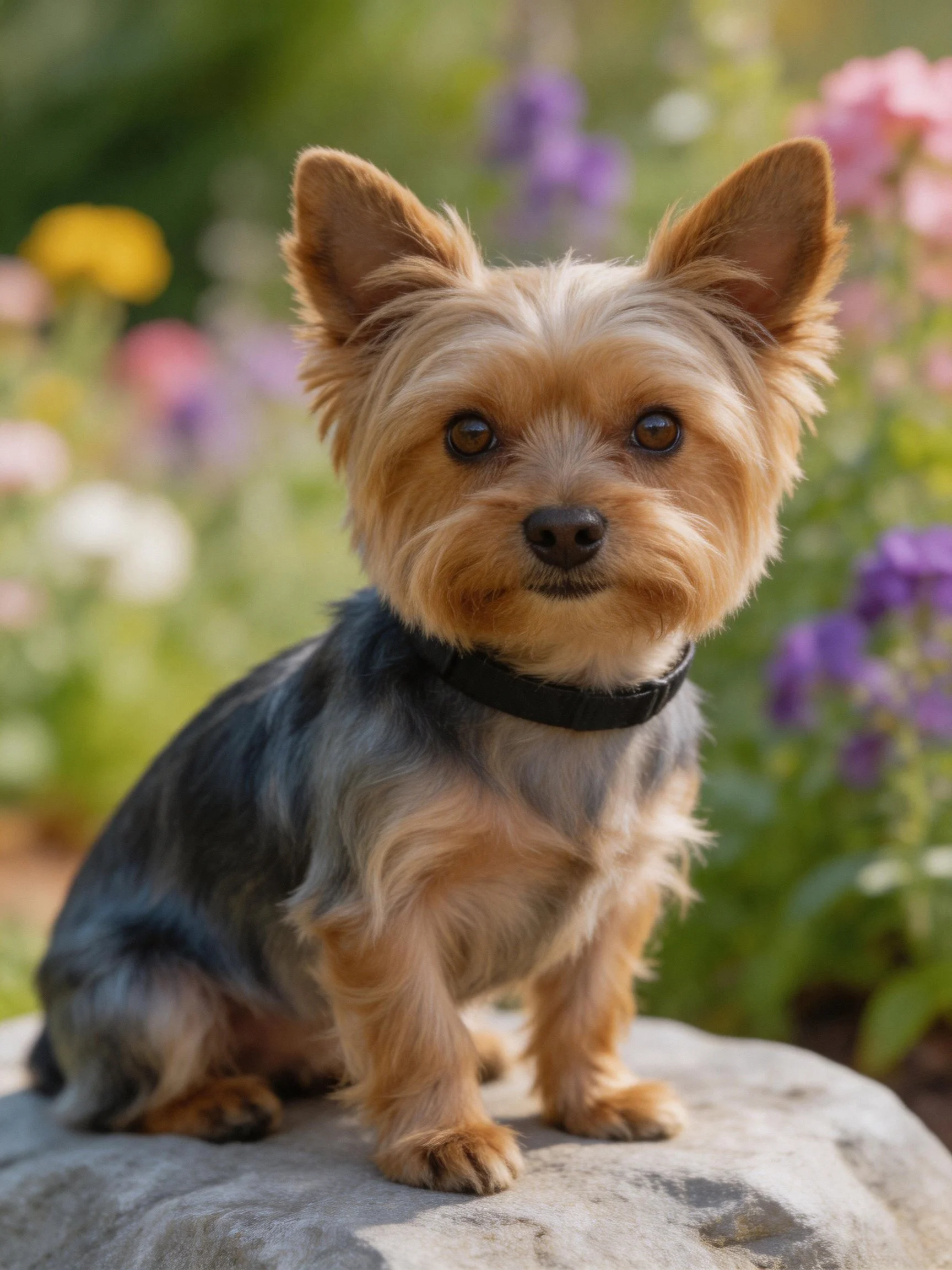 A small tan and gray dog sits on a stone in a flower-filled outdoor space.