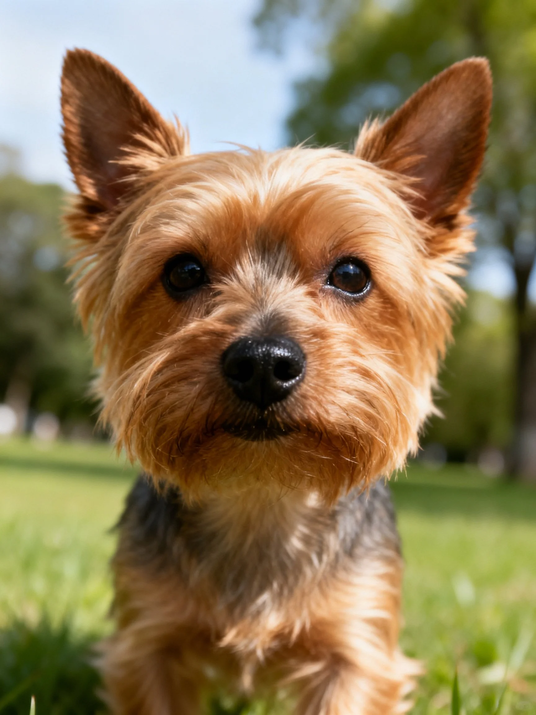 A small tan and gray dog stands on grass in a sunny outdoor setting with trees.