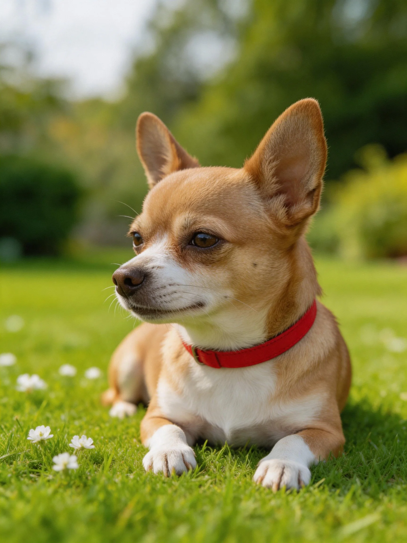 A tan and white Chihuahua relaxes on green grass outdoors.